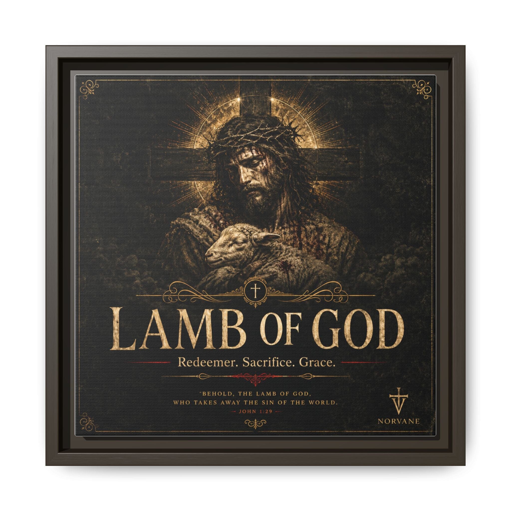 Lamb of God Matte Canvas Print — 'Redeemer. Sacrifice. Grace.' Framed Religious Wall Art Canvas Printify 12″ x 12″ 1.25" Espresso