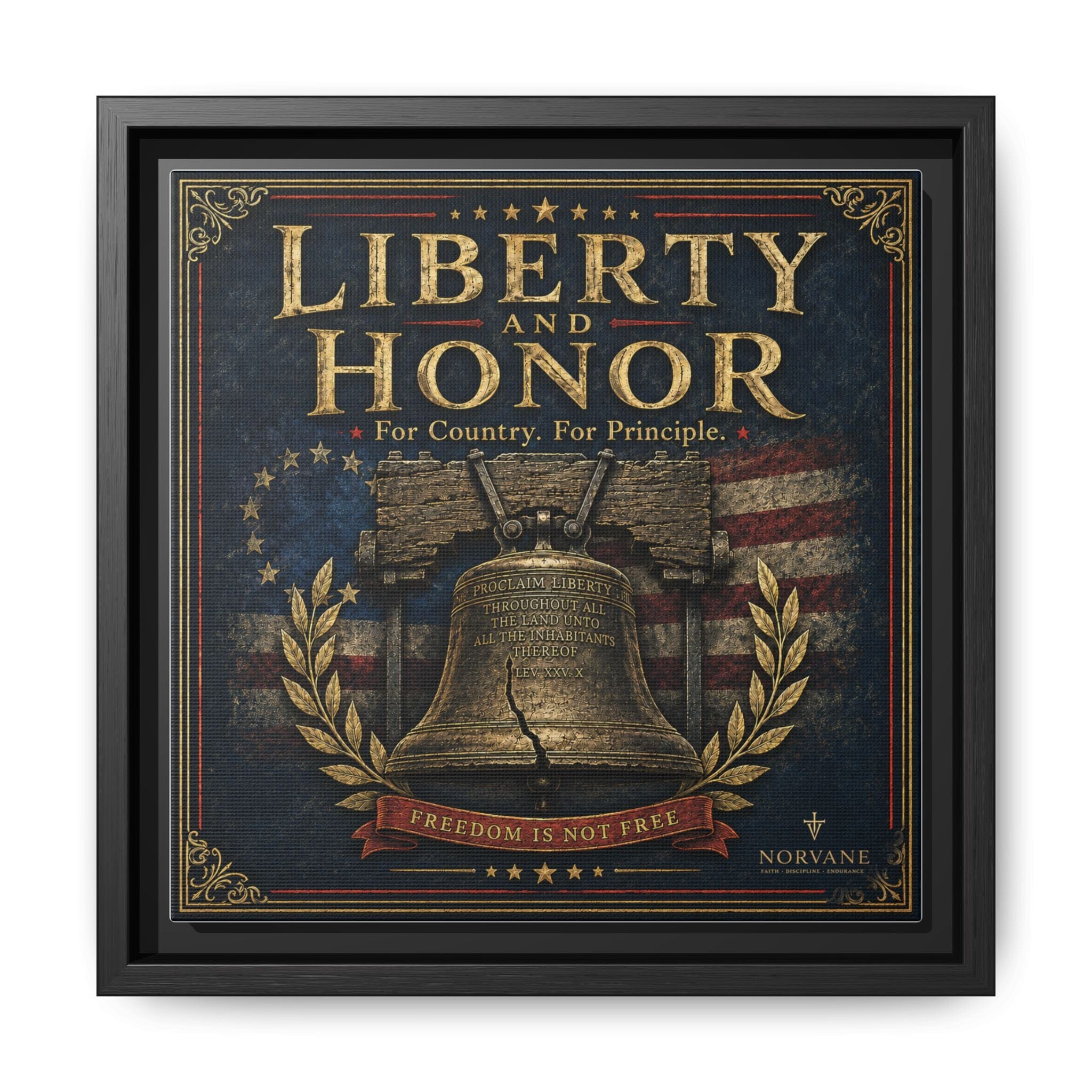 Liberty and Honor Framed Canvas Wall Art — Patriotic Bell Print (Freedom Is Not Free) Canvas Printify 10″ x 10″ 1.25" Black