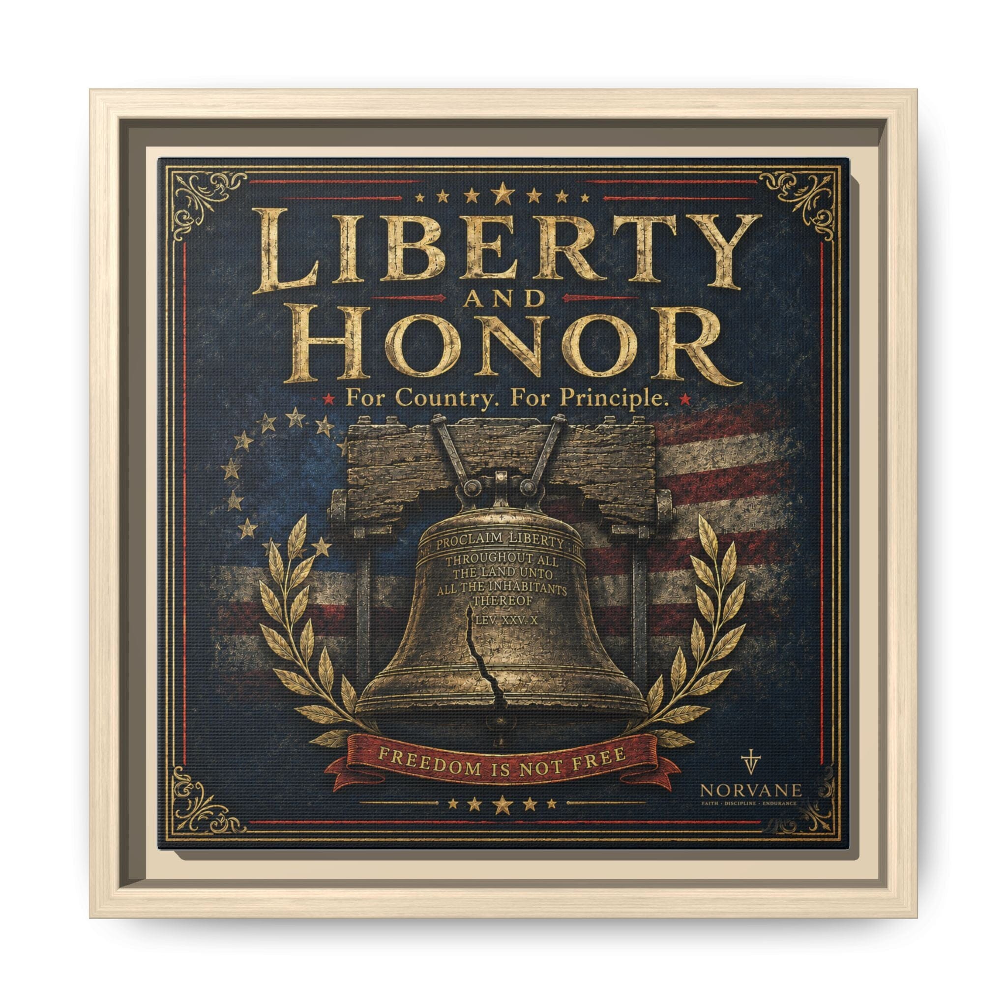Liberty and Honor Framed Canvas Wall Art — Patriotic Bell Print (Freedom Is Not Free) Canvas Printify 10″ x 10″ 1.25" Natural