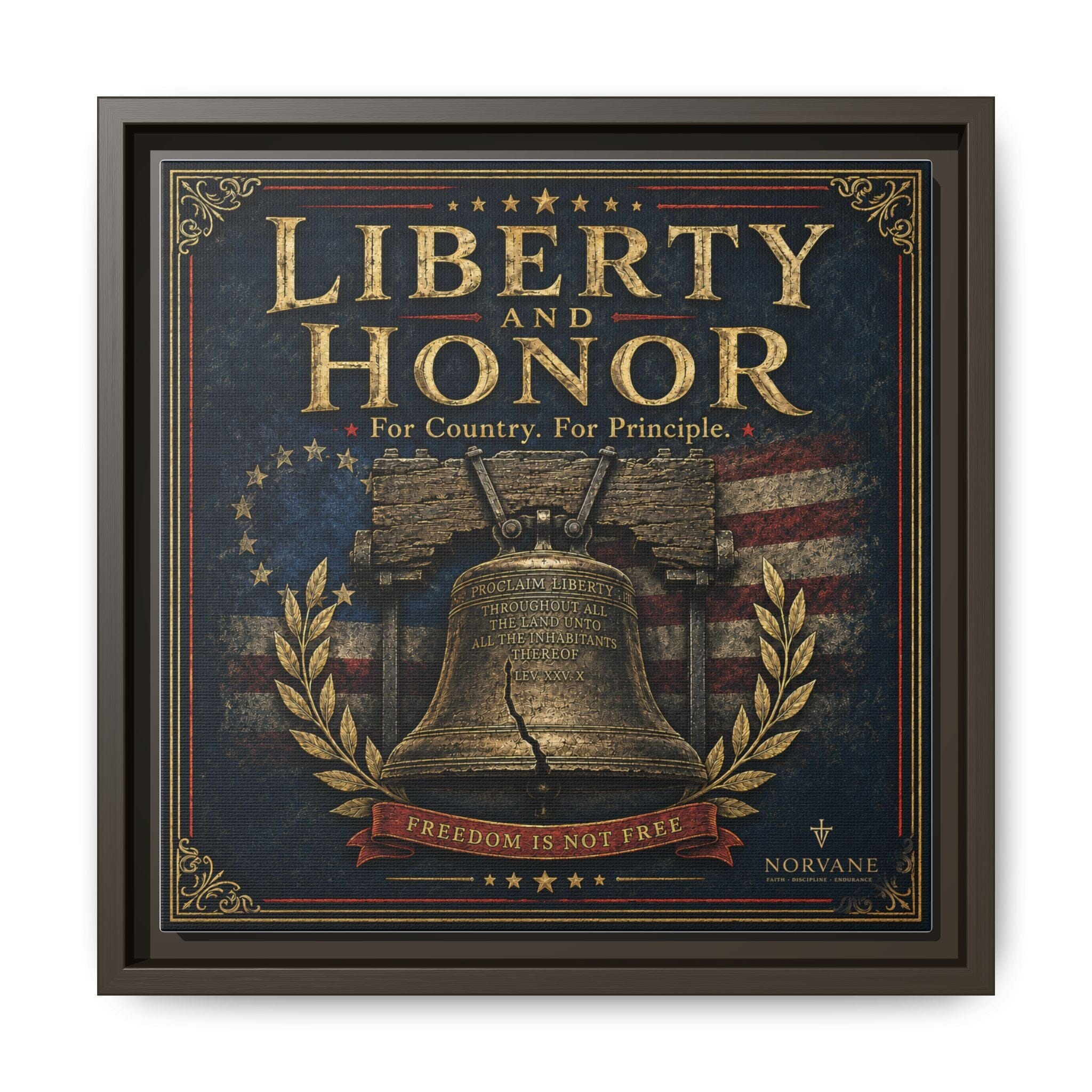 Liberty and Honor Framed Canvas Wall Art — Patriotic Bell Print (Freedom Is Not Free) Canvas Printify 12″ x 12″ 1.25" Espresso
