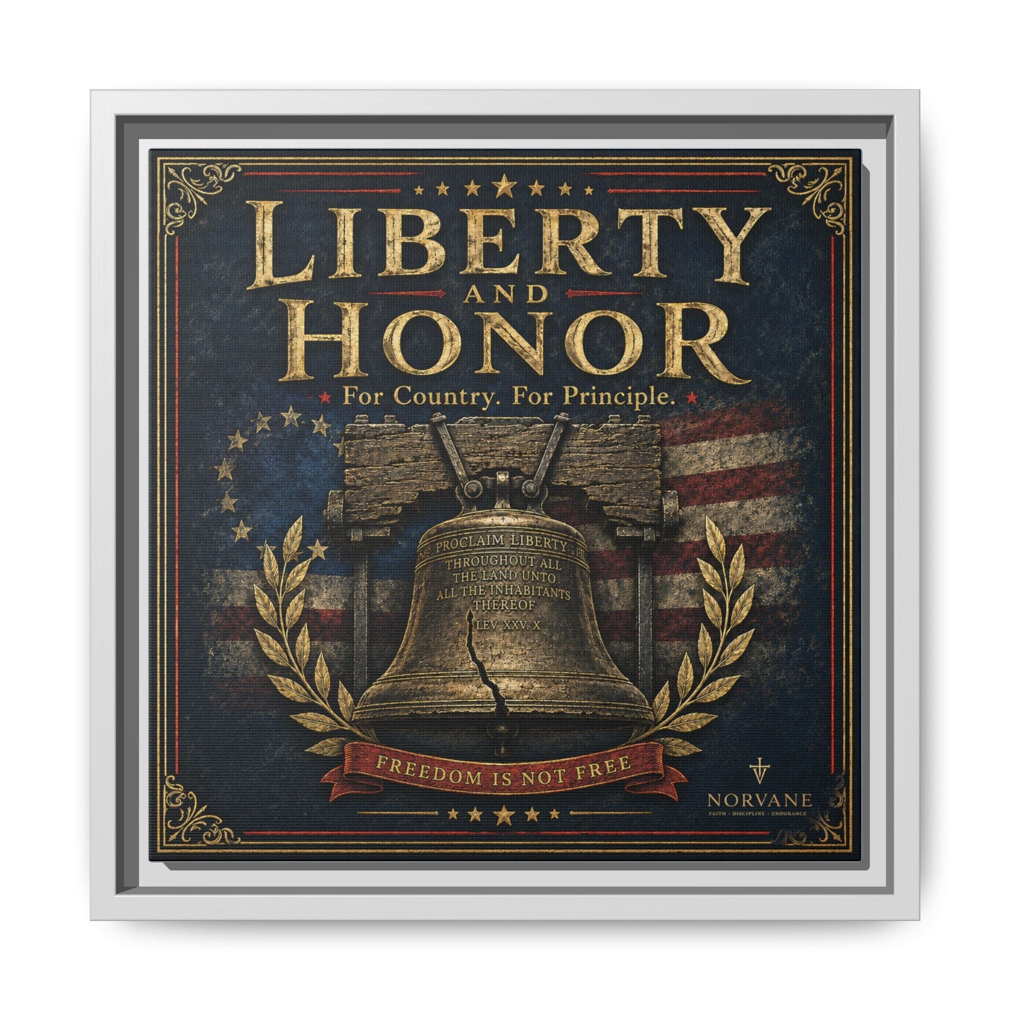 Liberty and Honor Framed Canvas Wall Art — Patriotic Bell Print (Freedom Is Not Free) Canvas Printify 12″ x 12″ 1.25" White