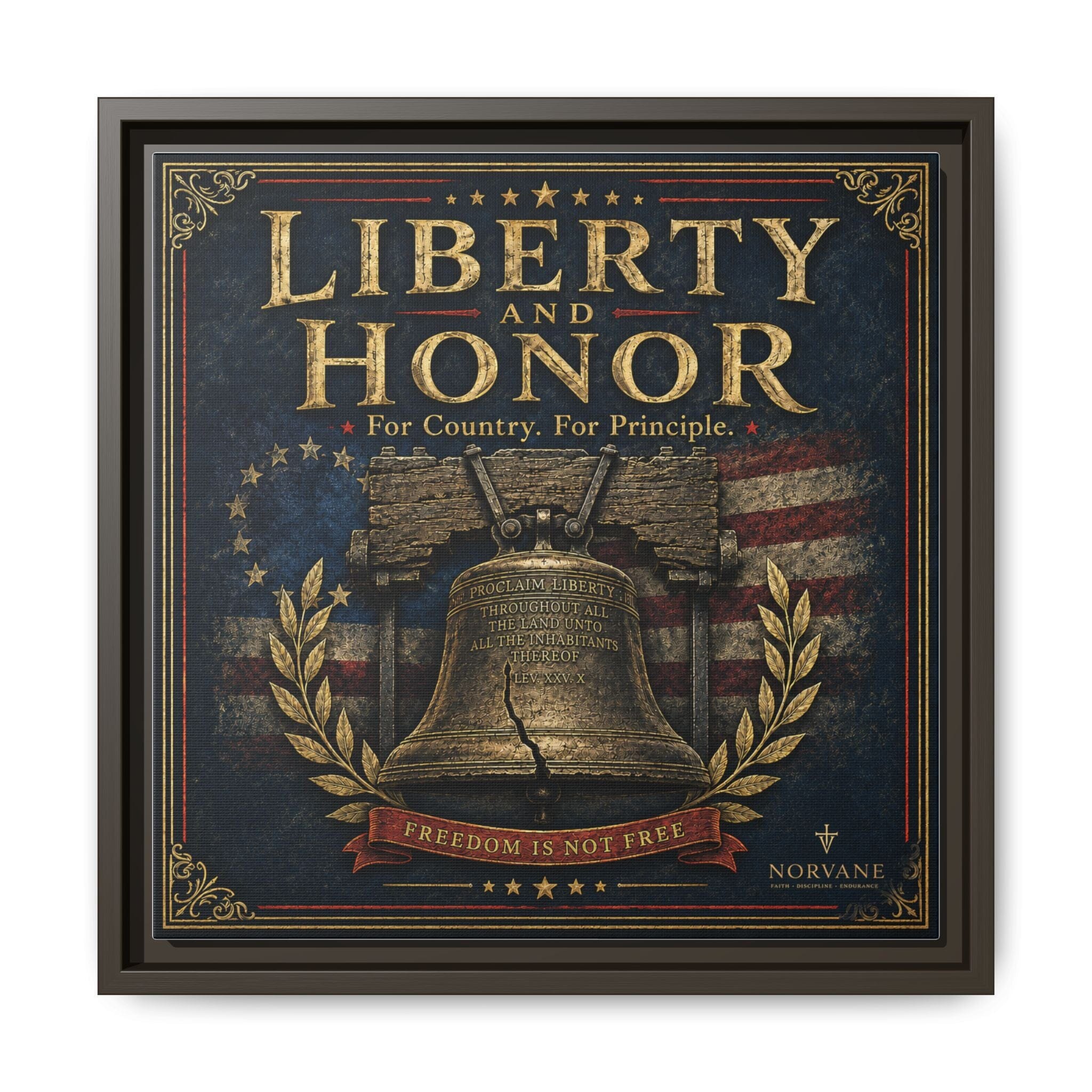 Liberty and Honor Framed Canvas Wall Art — Patriotic Bell Print (Freedom Is Not Free) Canvas Printify 14" x 14" 1.25" Espresso