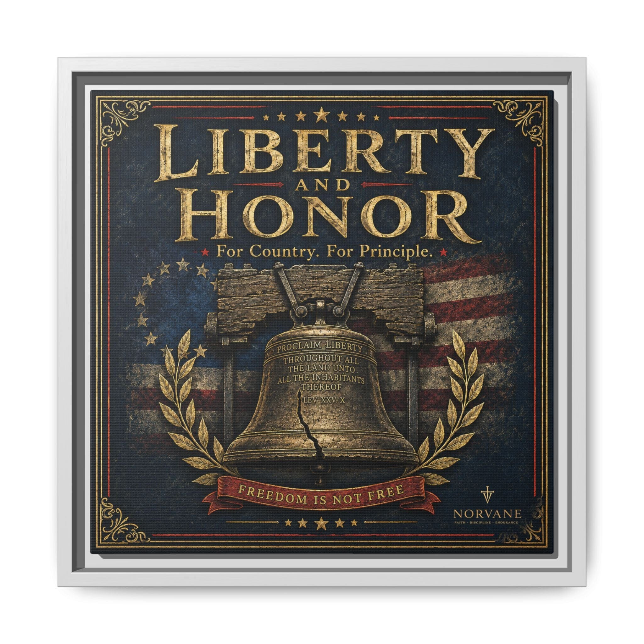 Liberty and Honor Framed Canvas Wall Art — Patriotic Bell Print (Freedom Is Not Free) Canvas Printify 14" x 14" 1.25" White