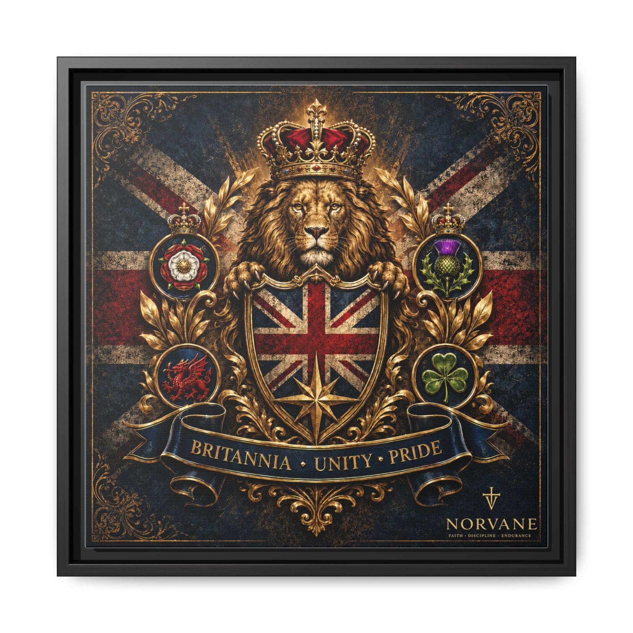 Norvane Britannia Lion Framed Canvas – Union Jack Crest Wall Art in Black – view 16