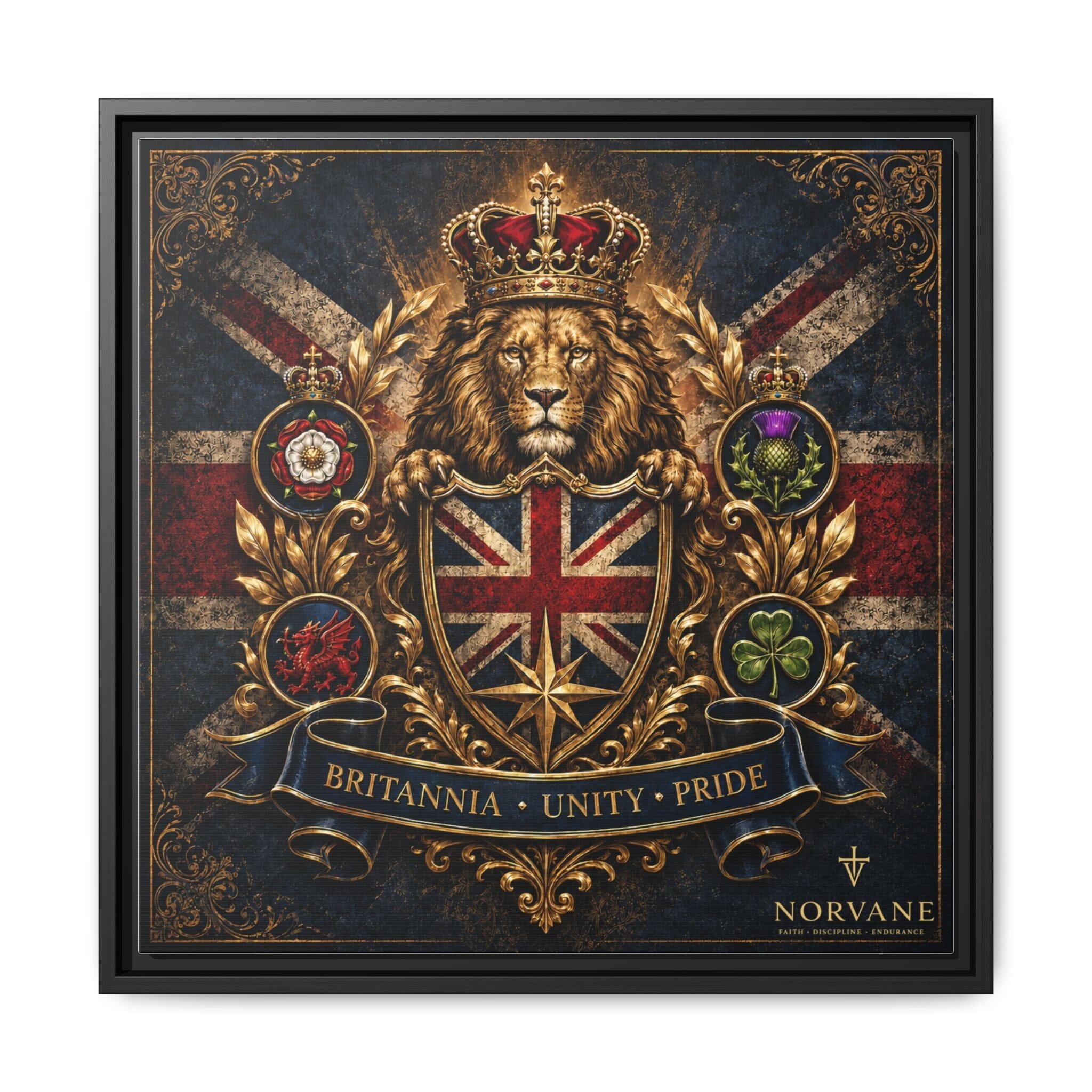 Norvane Britannia Lion Framed Canvas – Union Jack Crest Wall Art in Black – view 21