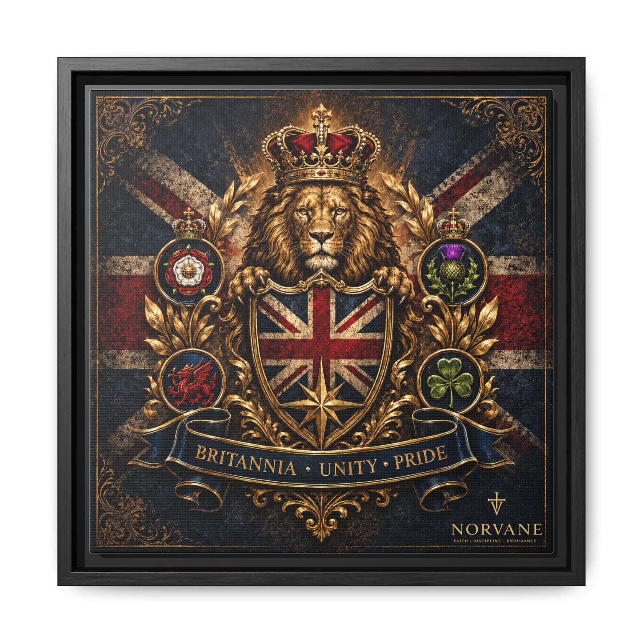 Norvane Britannia Lion Framed Canvas – Union Jack Crest Wall Art in Black – view 29