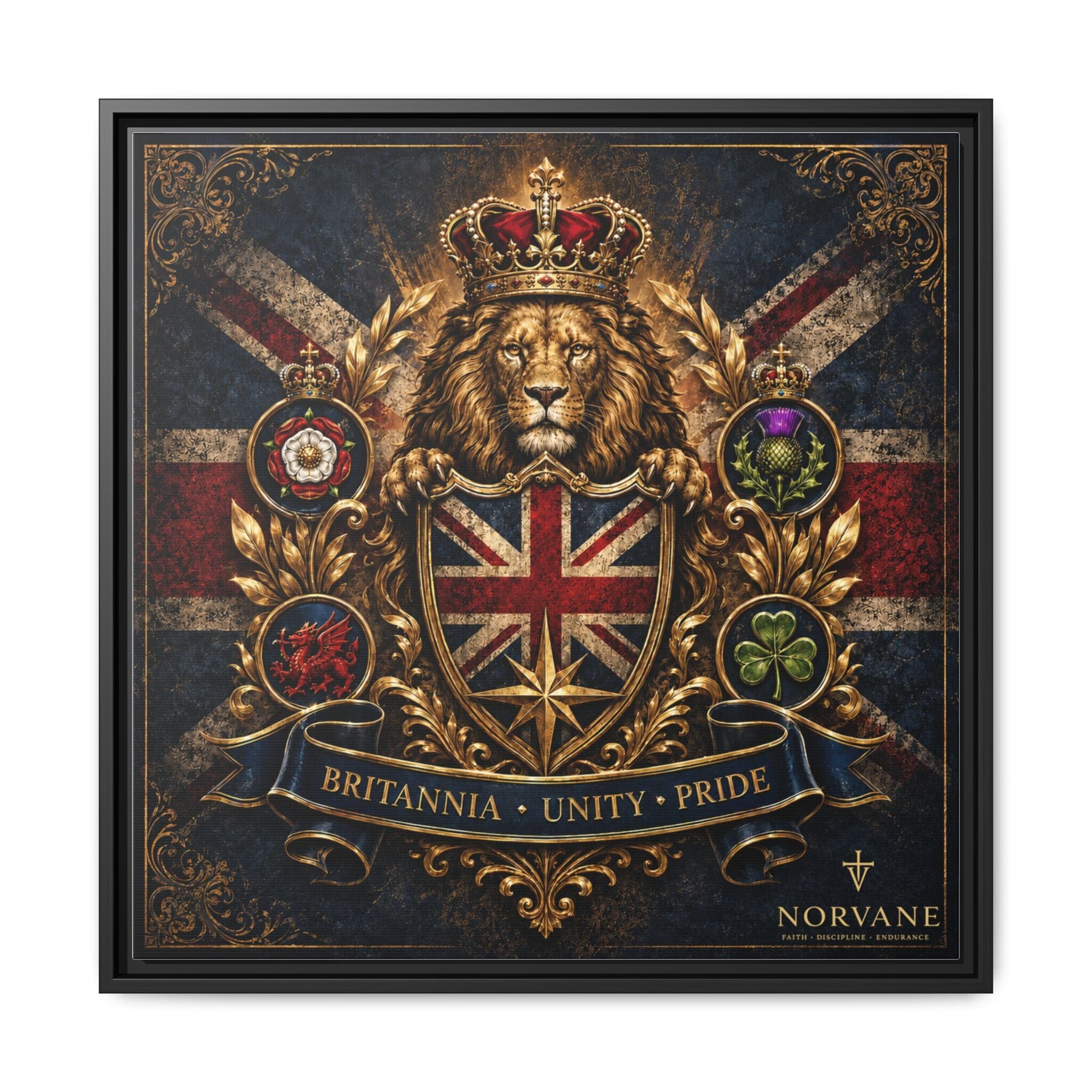 Norvane Britannia Lion Framed Canvas – Union Jack Crest Wall Art in Black