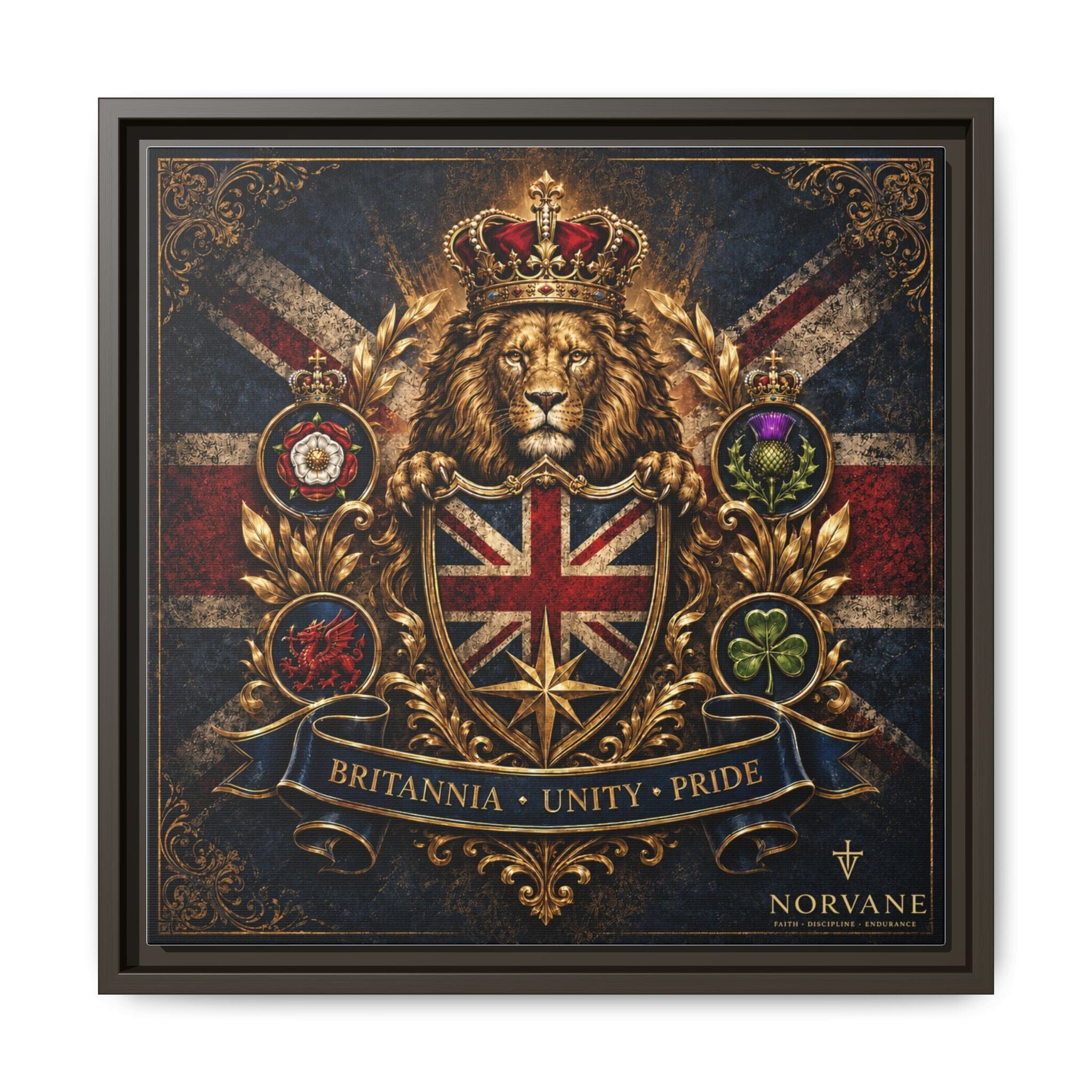 Norvane Britannia Lion Framed Canvas – Union Jack Crest Wall Art in Espresso – view 14
