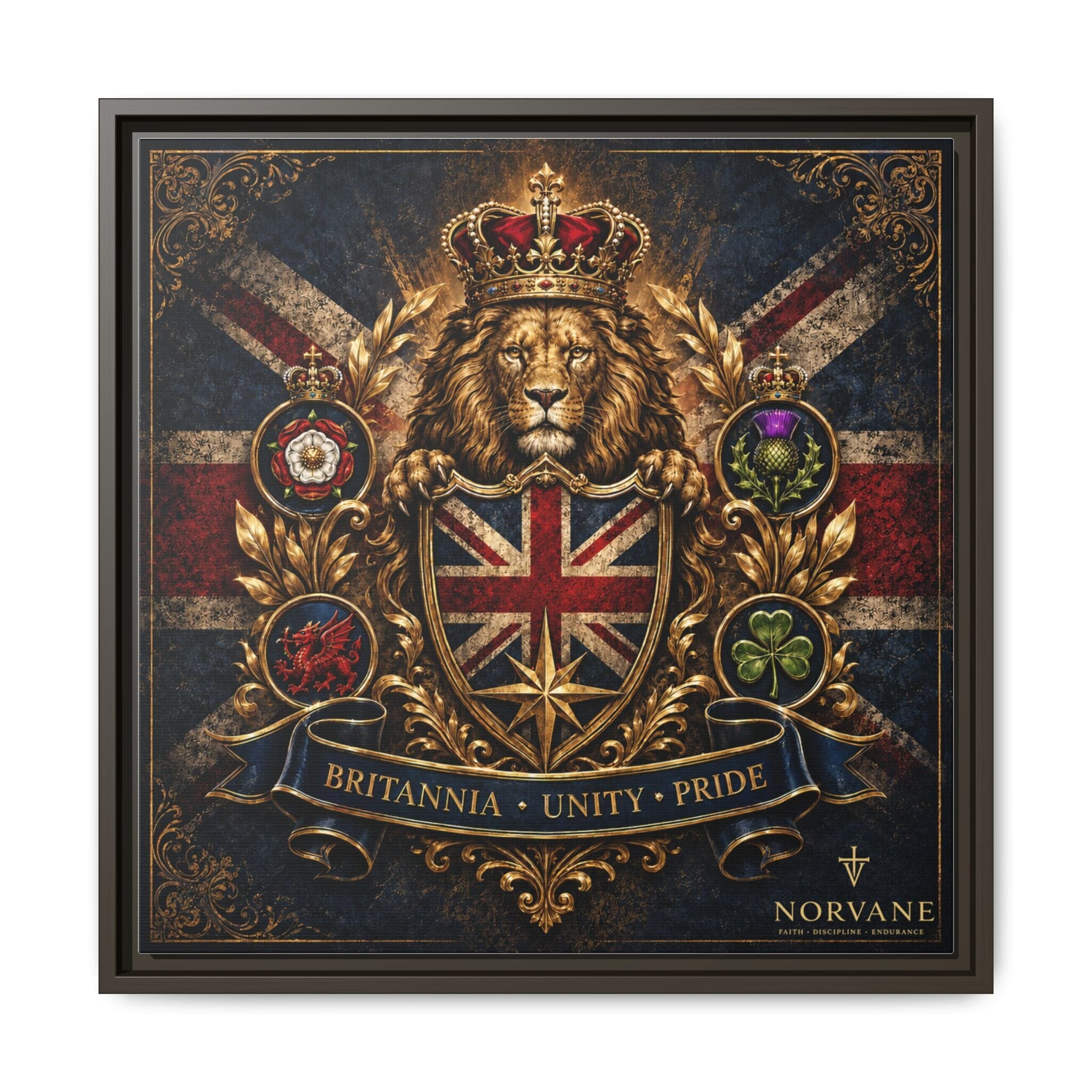 Norvane Britannia Lion Framed Canvas – Union Jack Crest Wall Art in Espresso – view 22