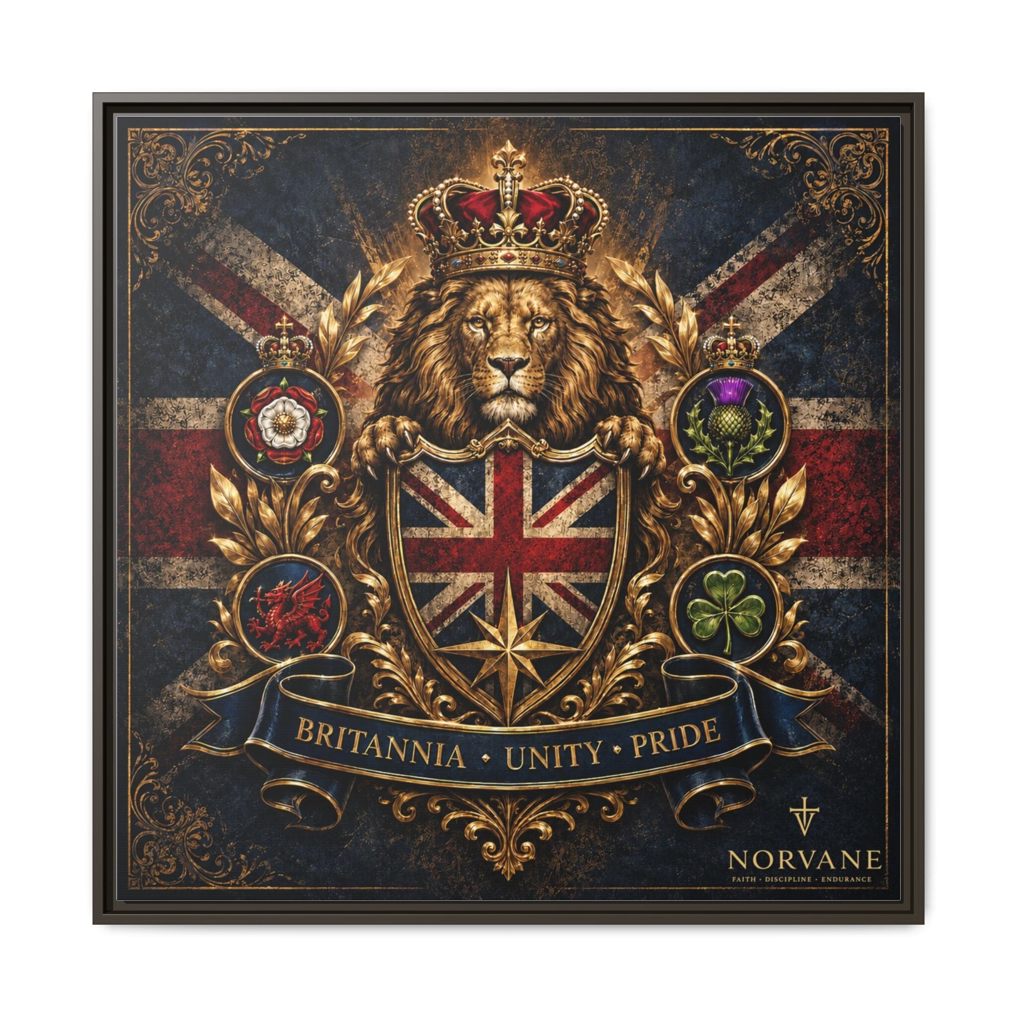 Norvane Britannia Lion Framed Canvas – Union Jack Crest Wall Art in Espresso – view 9