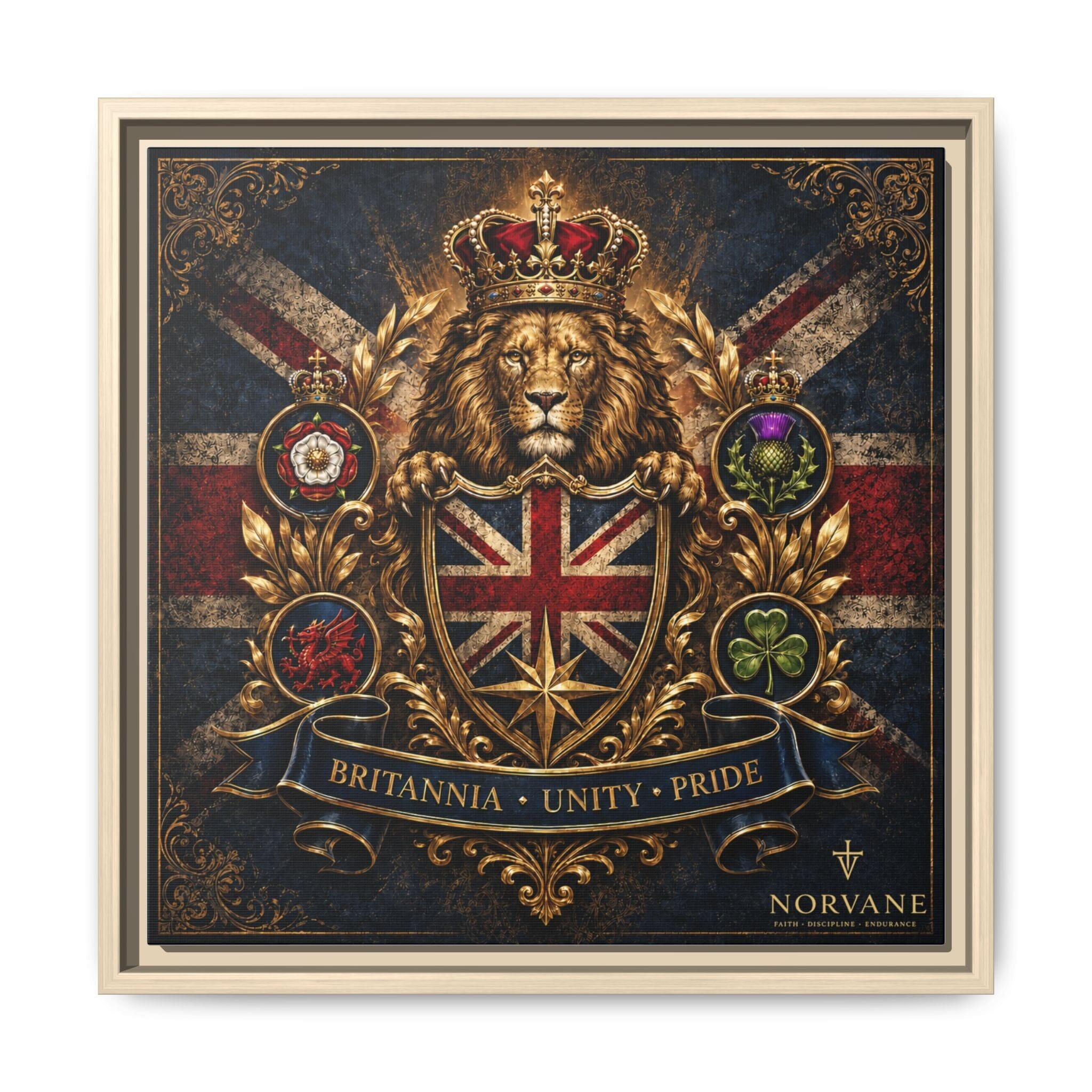 Norvane Britannia Lion Framed Canvas – Union Jack Crest Wall Art in Natural – view 13