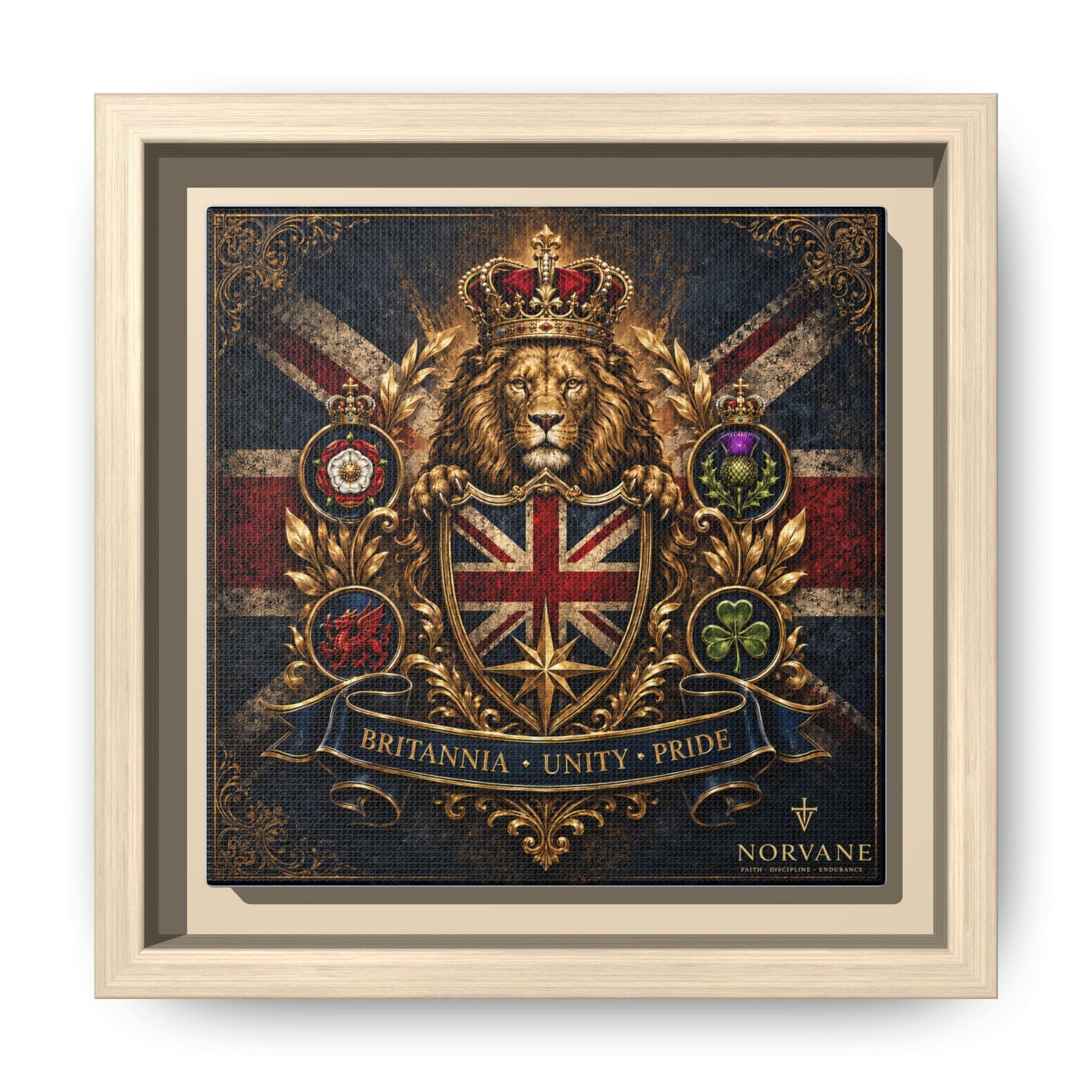 Norvane Britannia Lion Framed Canvas – Union Jack Crest Wall Art in Natural – view 20