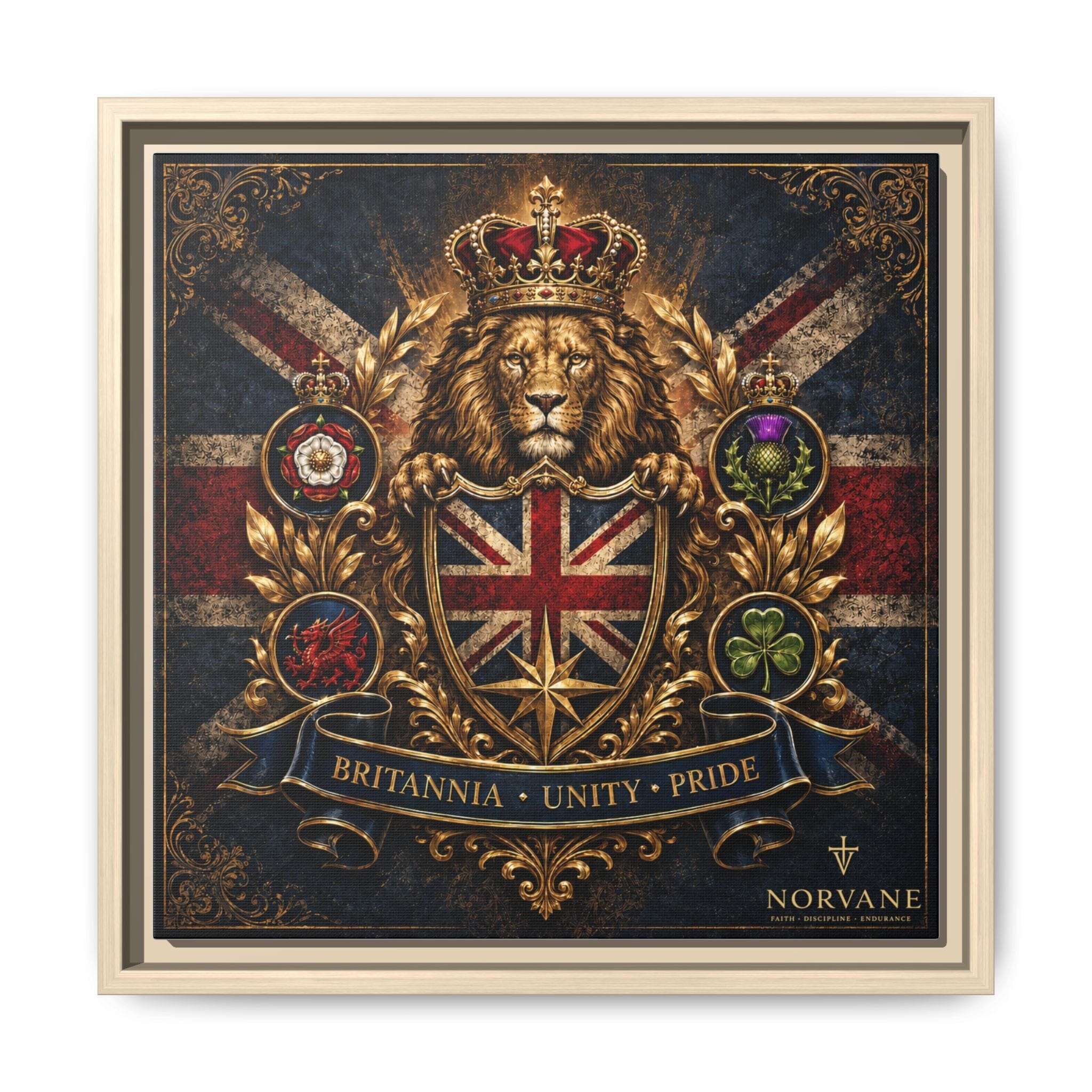 Norvane Britannia Lion Framed Canvas – Union Jack Crest Wall Art in Natural – view 30