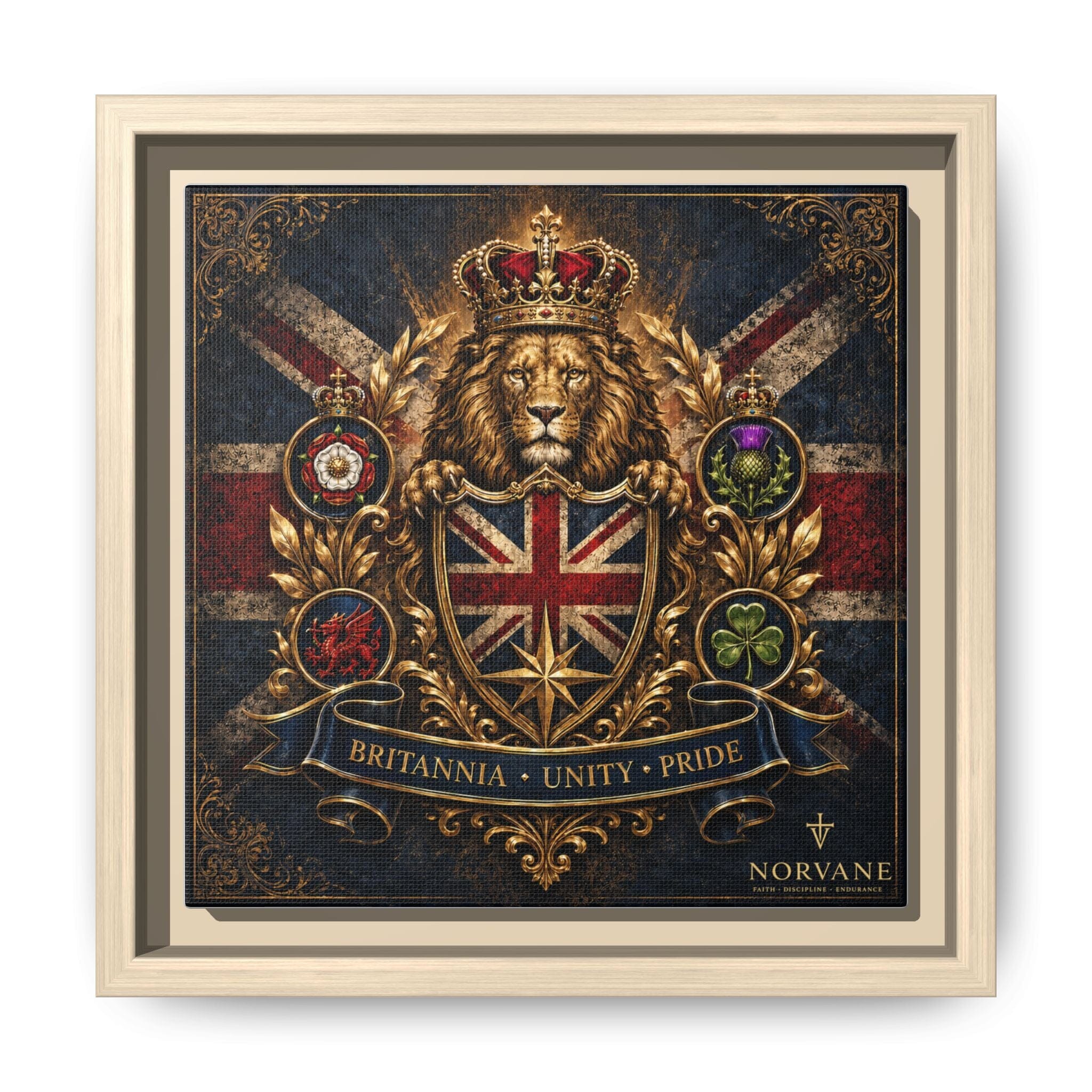 Norvane Britannia Lion Framed Canvas – Union Jack Crest Wall Art in Natural – view 8