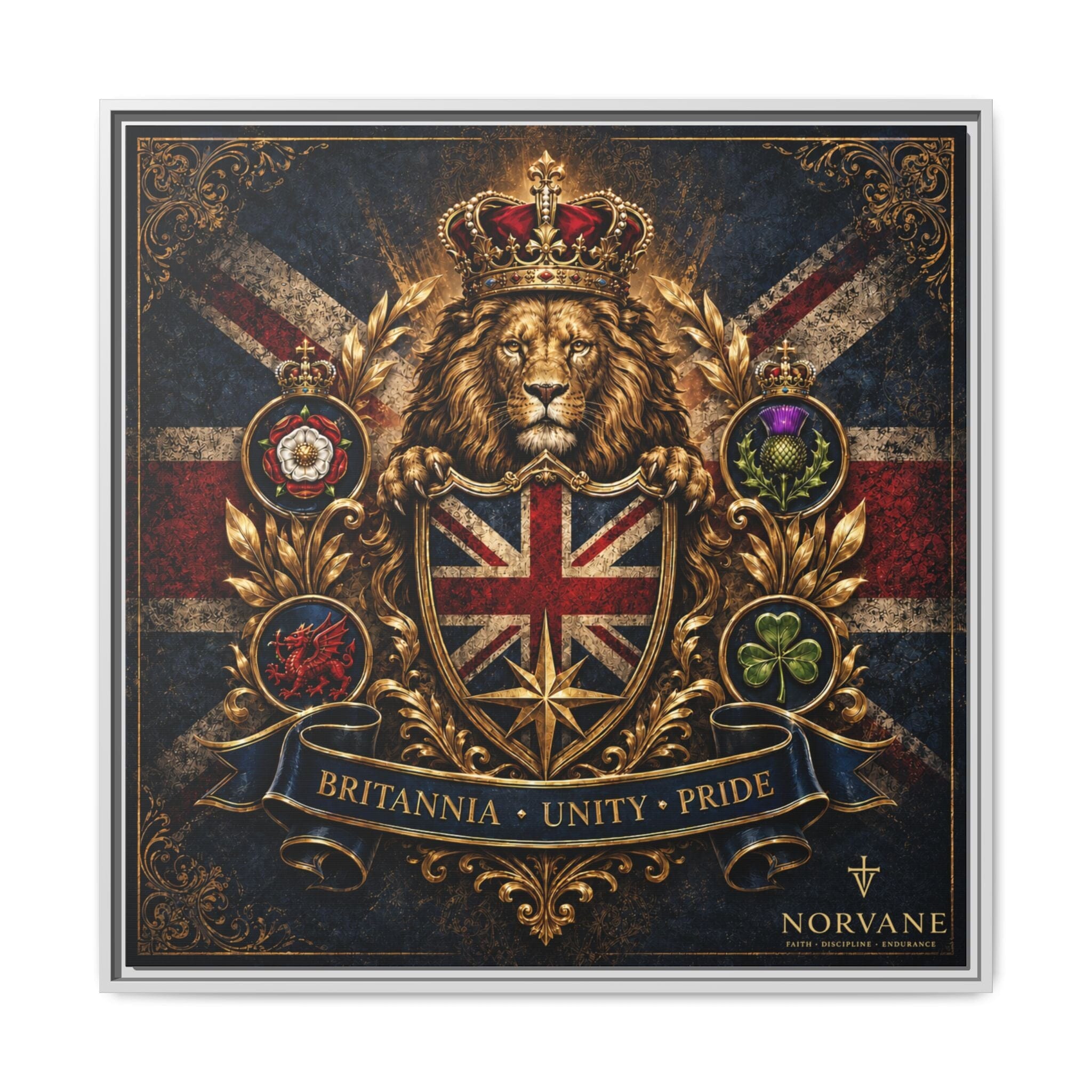 Norvane Britannia Lion Framed Canvas – Union Jack Crest Wall Art in White – view 12
