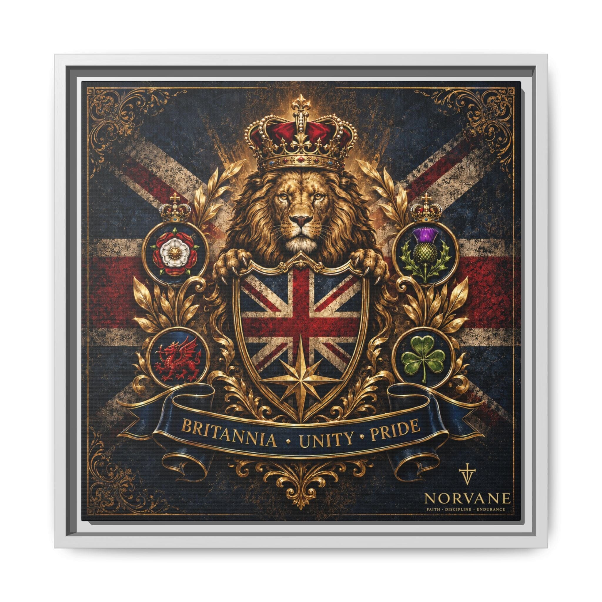 Norvane Britannia Lion Framed Canvas – Union Jack Crest Wall Art in White – view 15