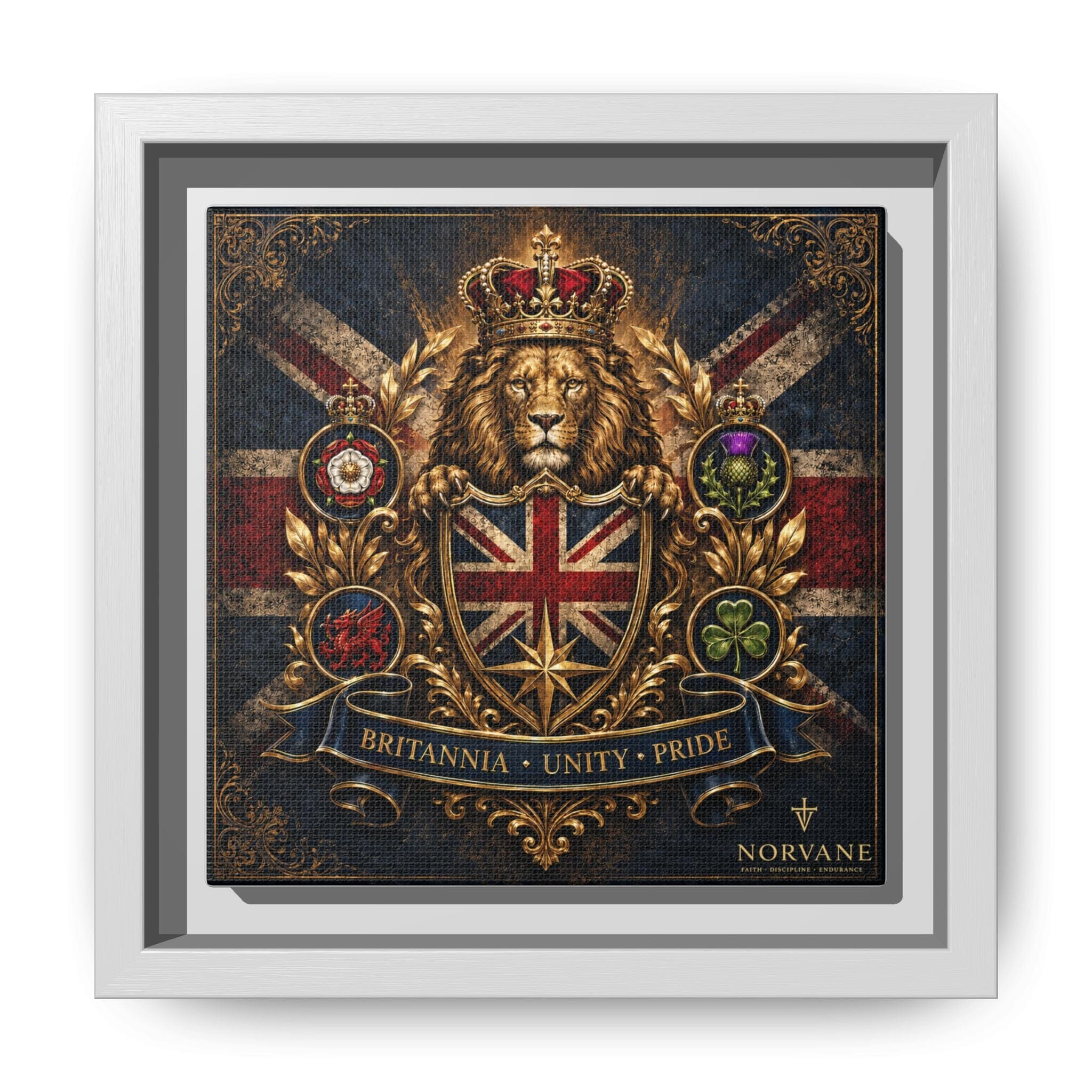 Norvane Britannia Lion Framed Canvas – Union Jack Crest Wall Art in White – view 17