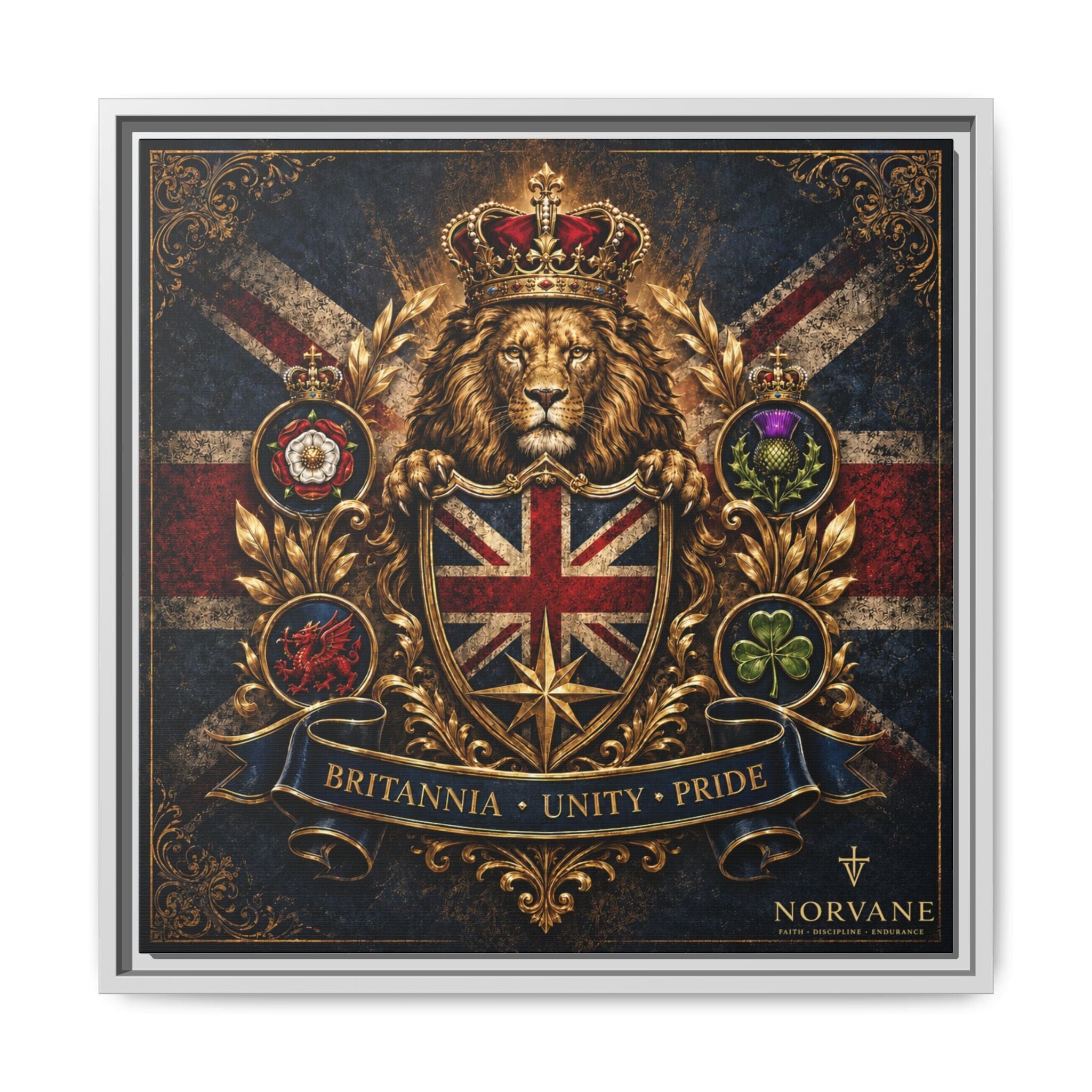 Norvane Britannia Lion Framed Canvas – Union Jack Crest Wall Art in White – view 24