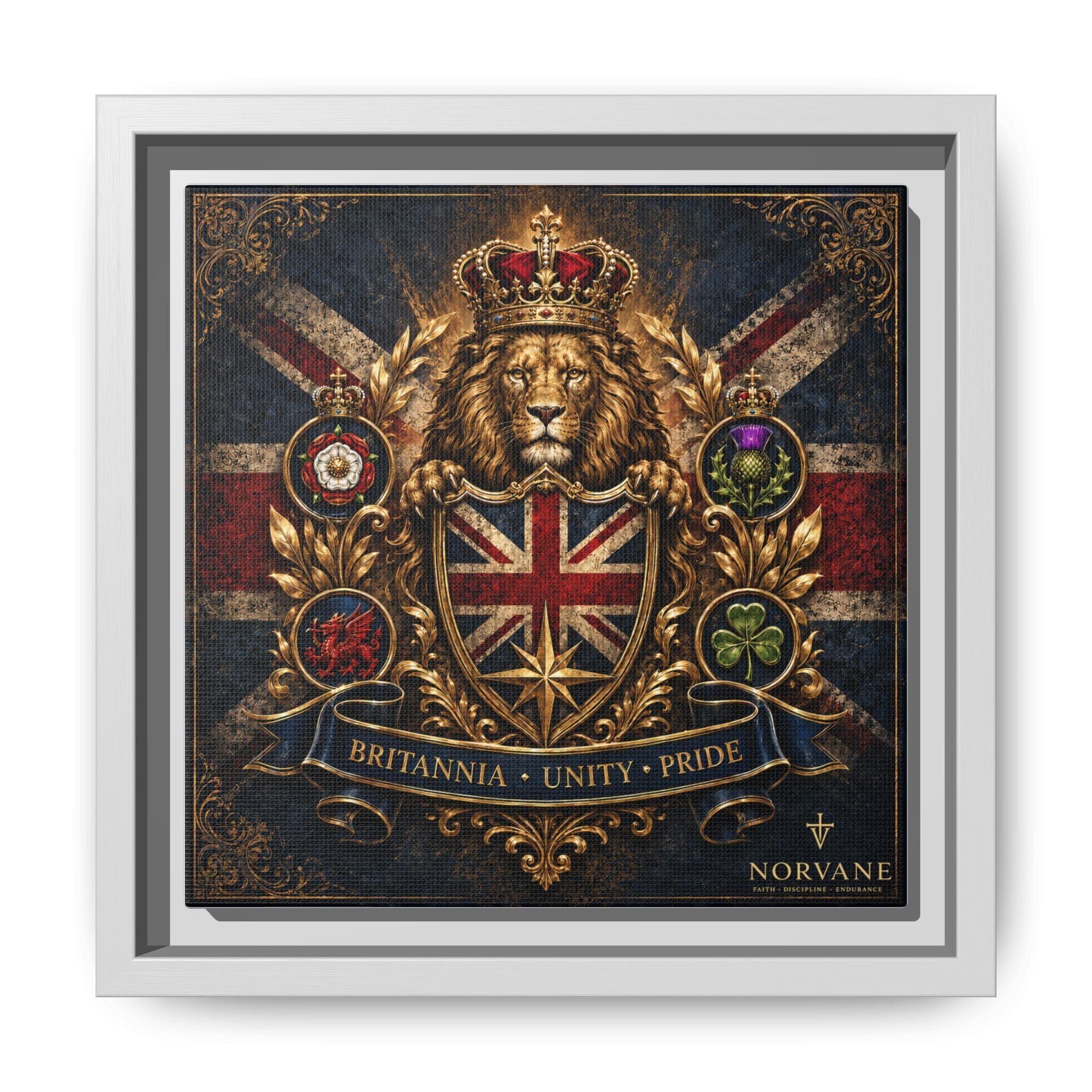 Norvane Britannia Lion Framed Canvas – Union Jack Crest Wall Art in White – view 5