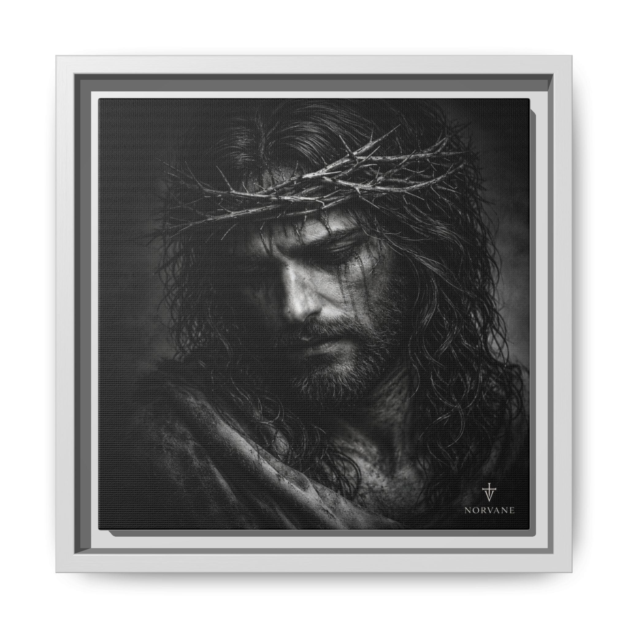 Norvane Crown of Sorrow Jesus Canvas Print – Monochrome Christian Wall Art Canvas Printify 10″ x 10″ 1.25" White
