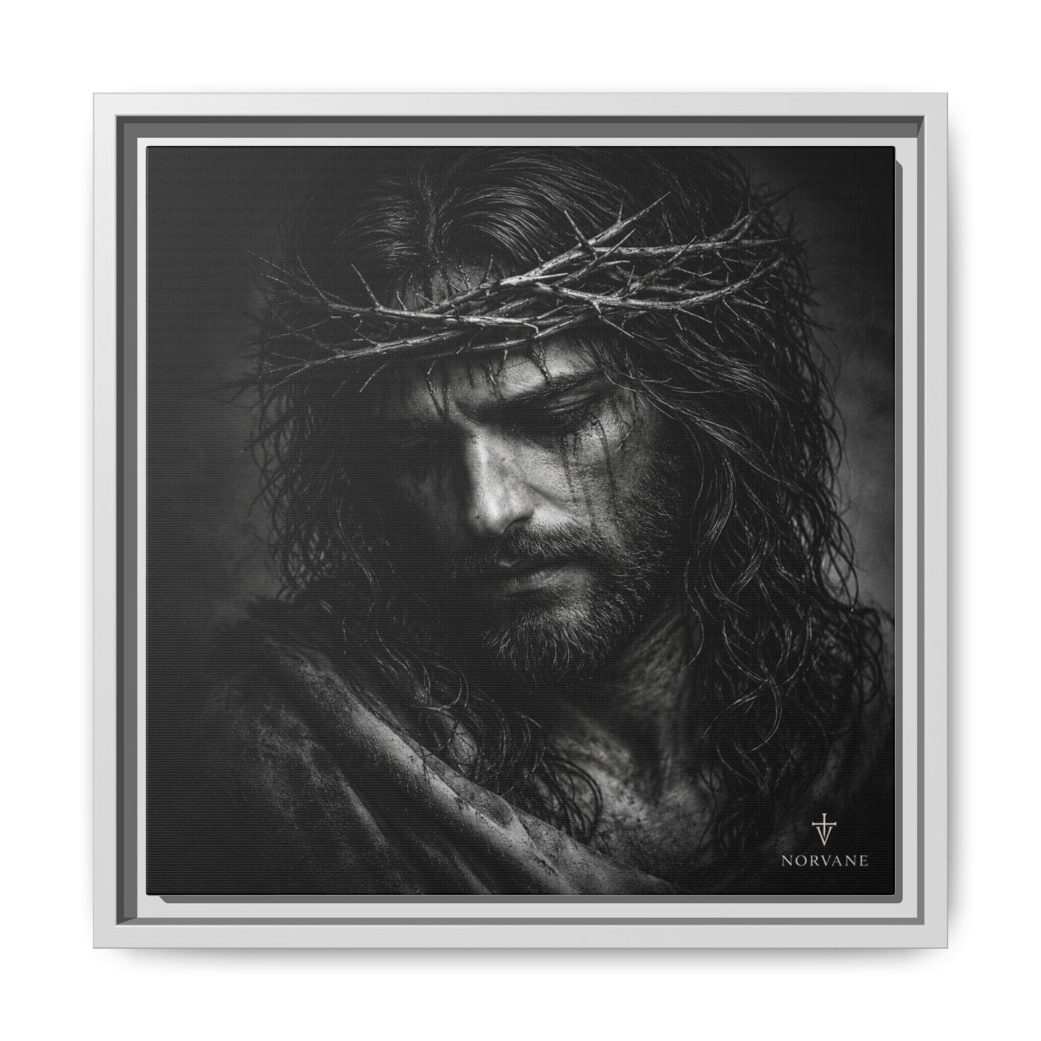 Norvane Crown of Sorrow Jesus Canvas Print – Monochrome Christian Wall Art Canvas Printify 14" x 14" 1.25" White