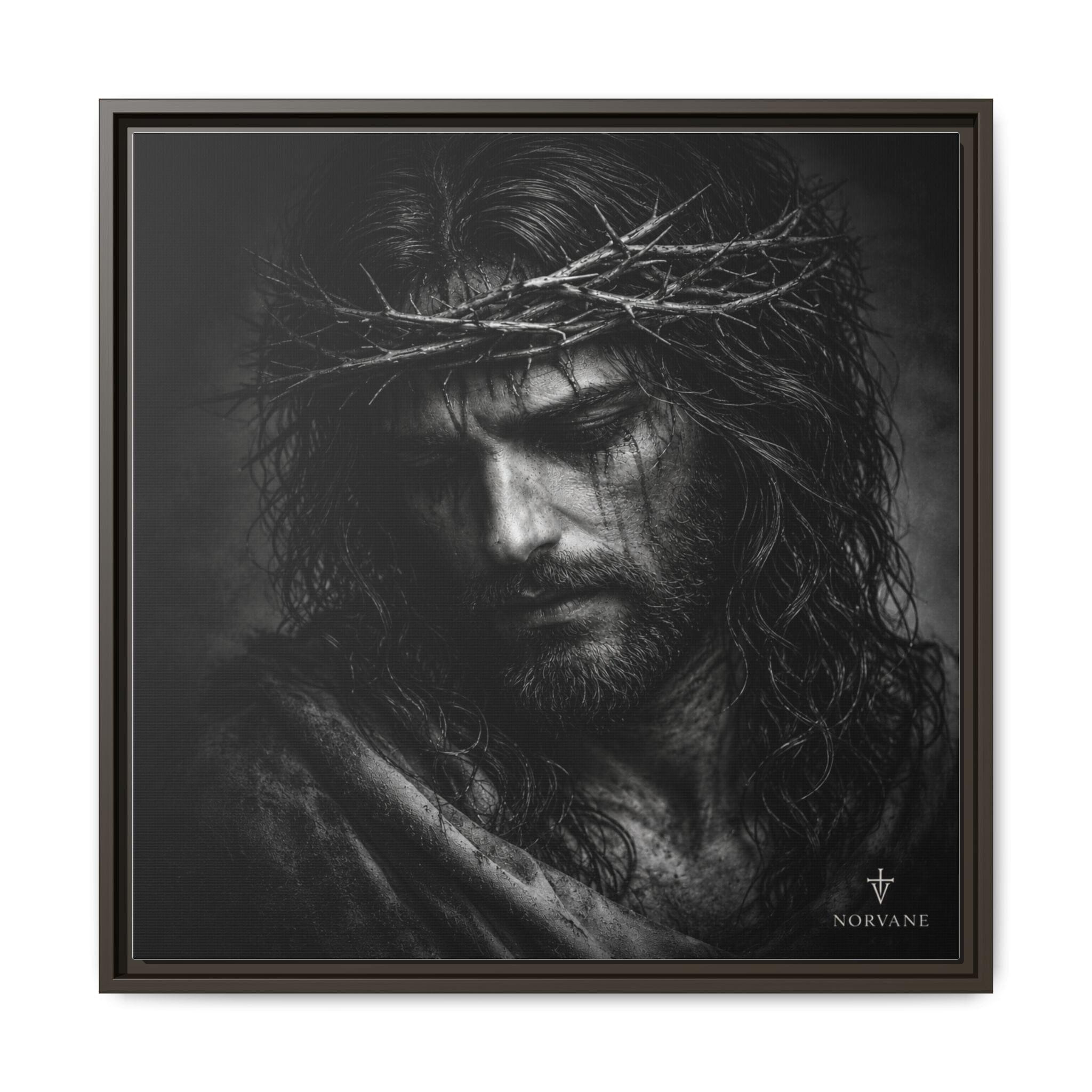 Norvane Crown of Sorrow Jesus Canvas Print – Monochrome Christian Wall Art in Espresso