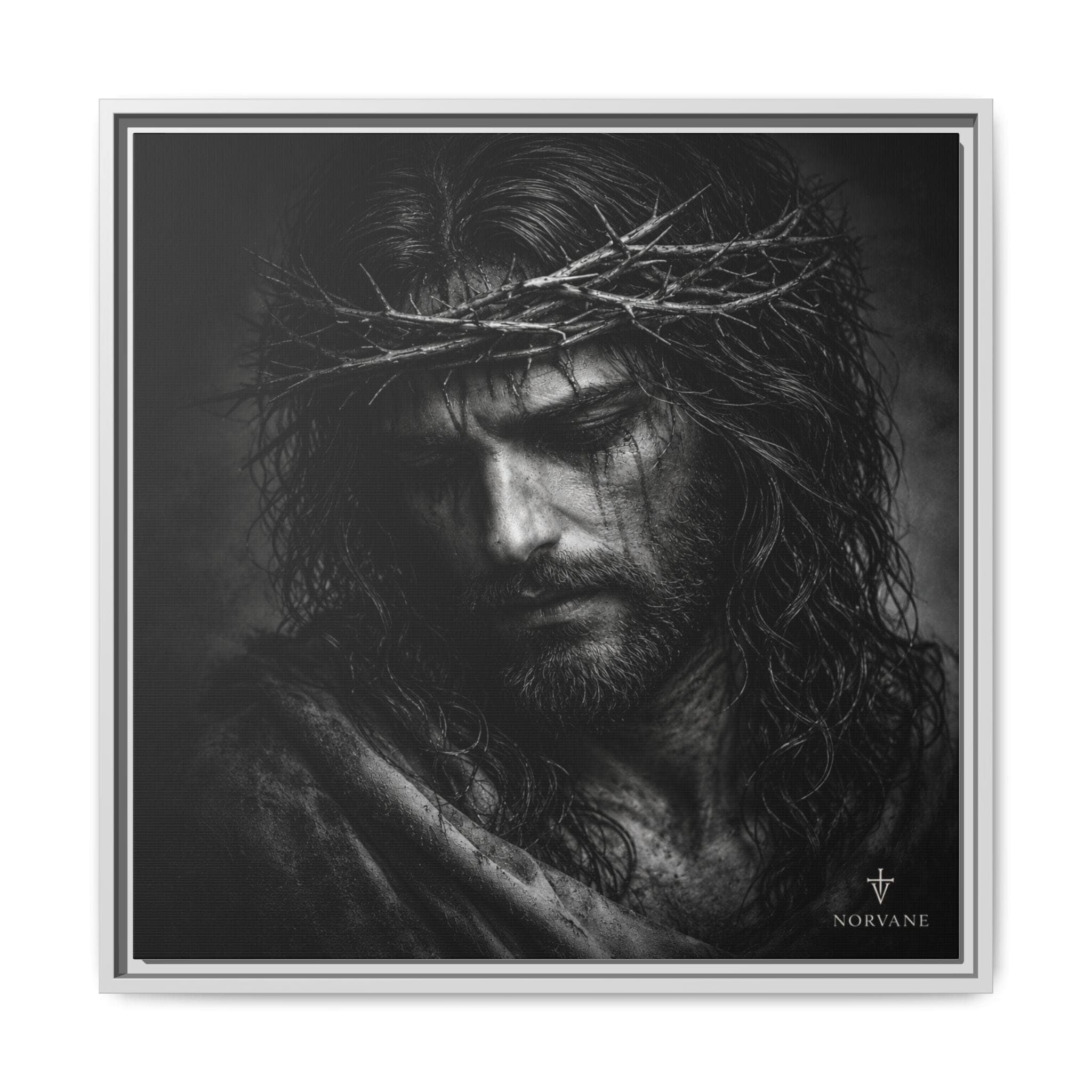 Norvane Crown of Sorrow Jesus Canvas Print – Monochrome Christian Wall Art in White