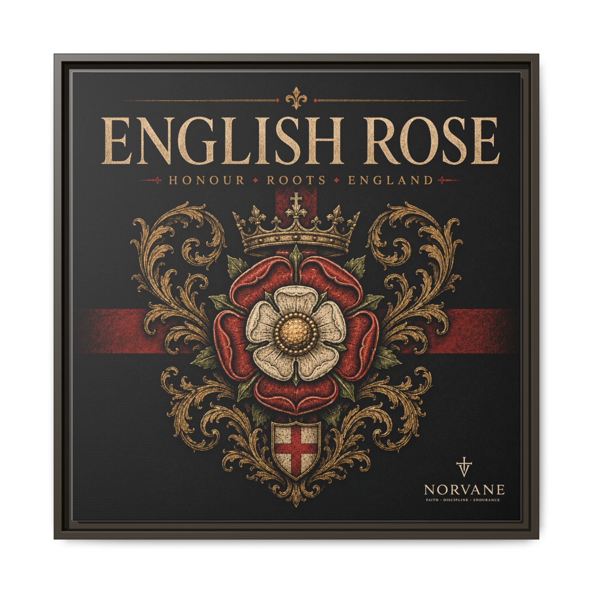 Norvane English Rose Framed Canvas – Vintage Tudor Crest Wall Art in Espresso