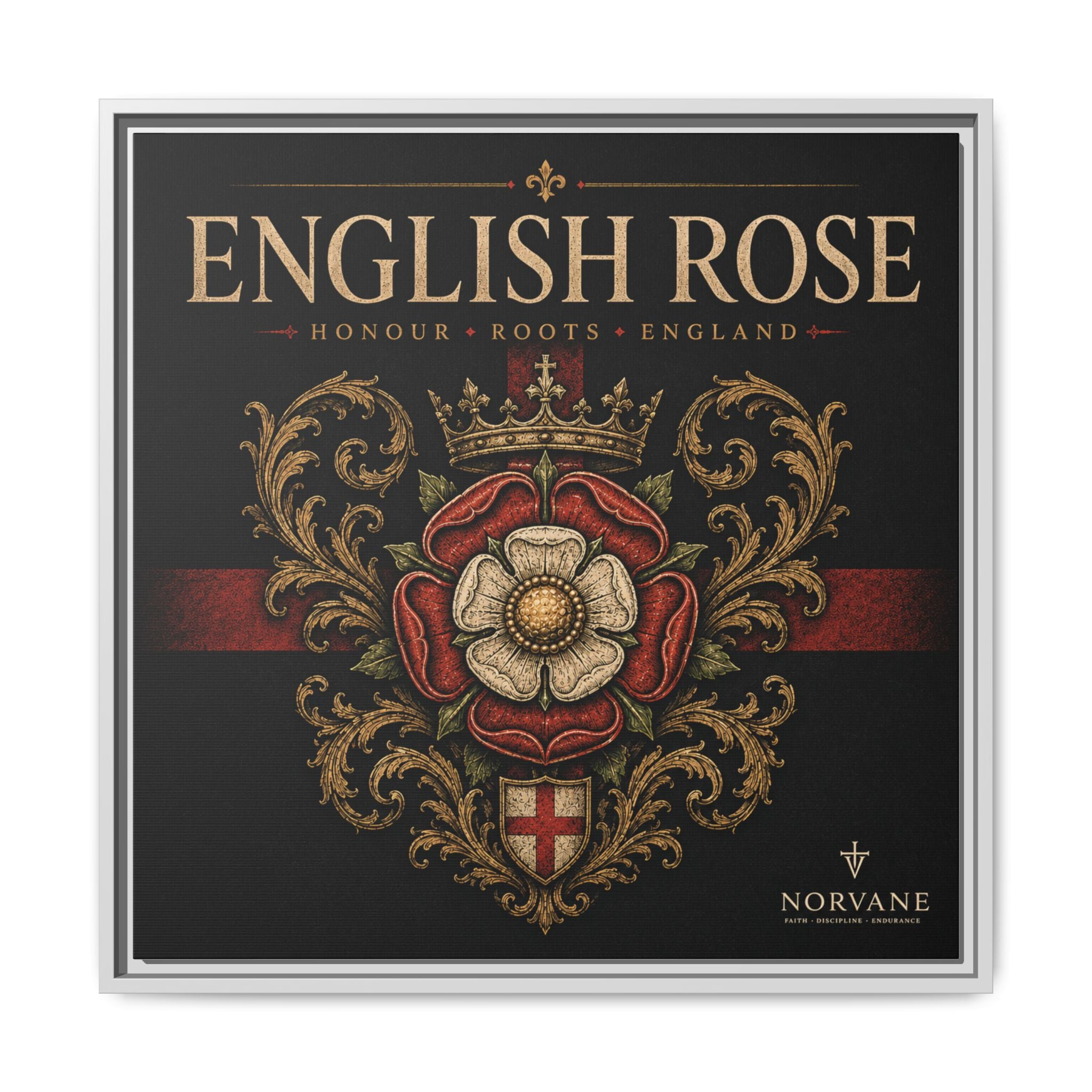 Norvane English Rose Framed Canvas – Vintage Tudor Crest Wall Art in White