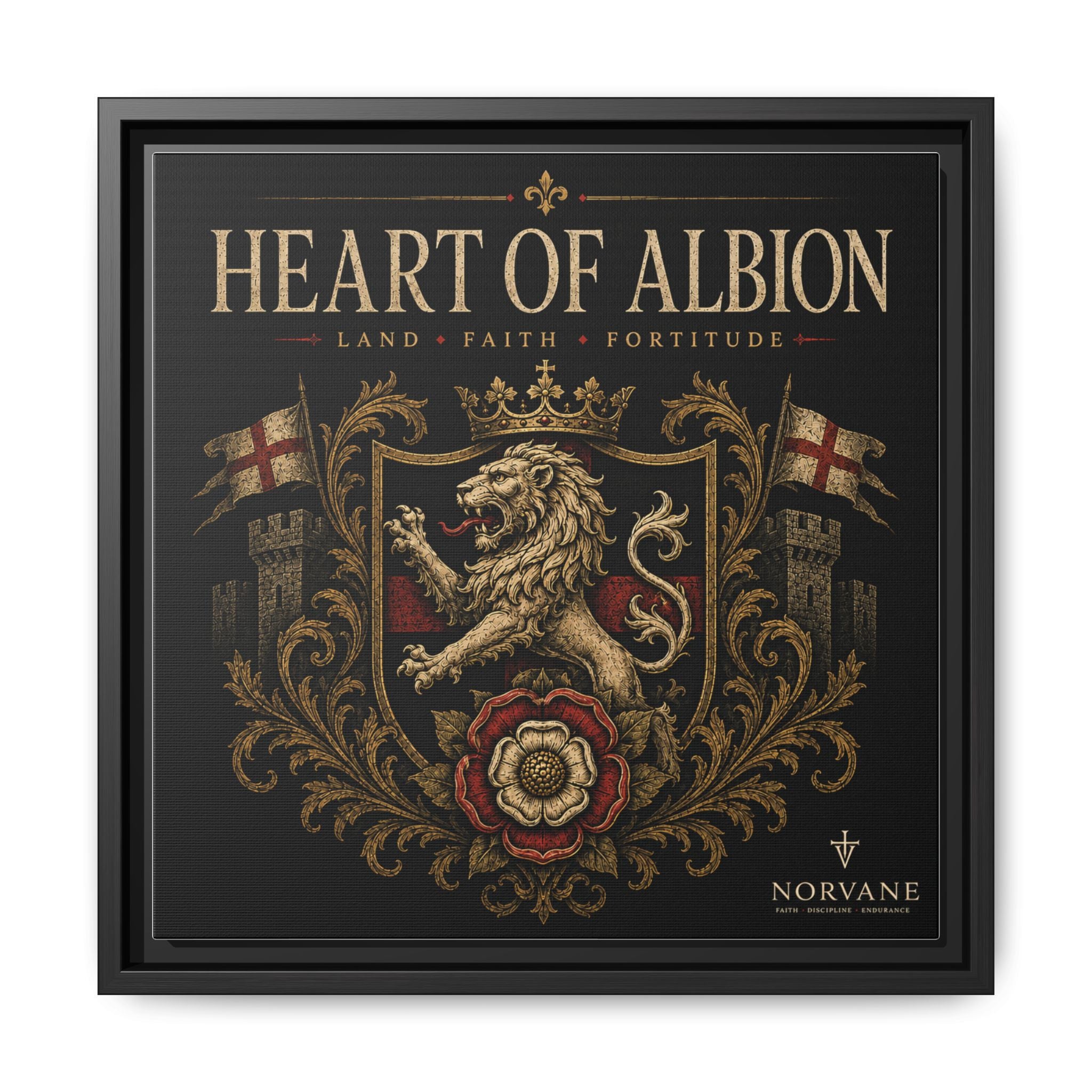 Norvane Heart of Albion Framed Canvas – Vintage English Lion Crest in Black – view 30