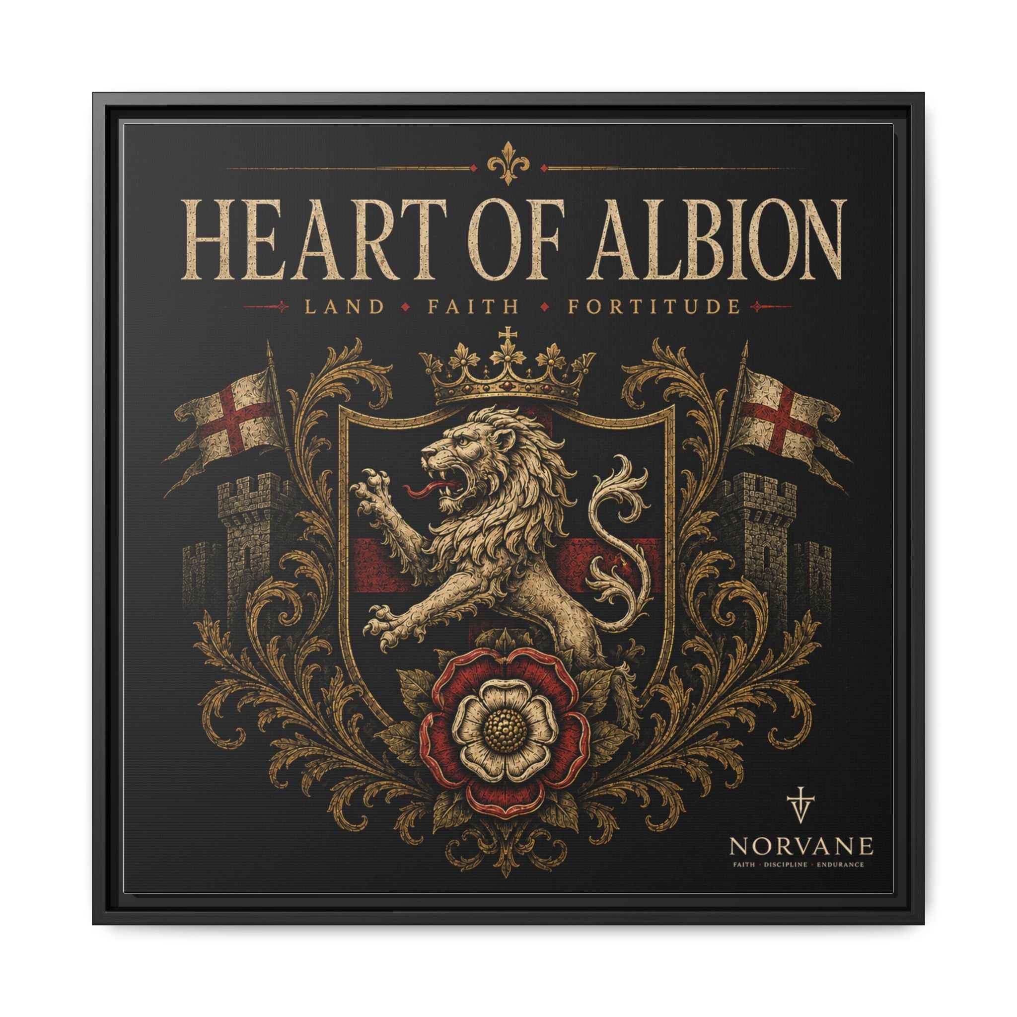 Norvane Heart of Albion Framed Canvas – Vintage English Lion Crest in Black