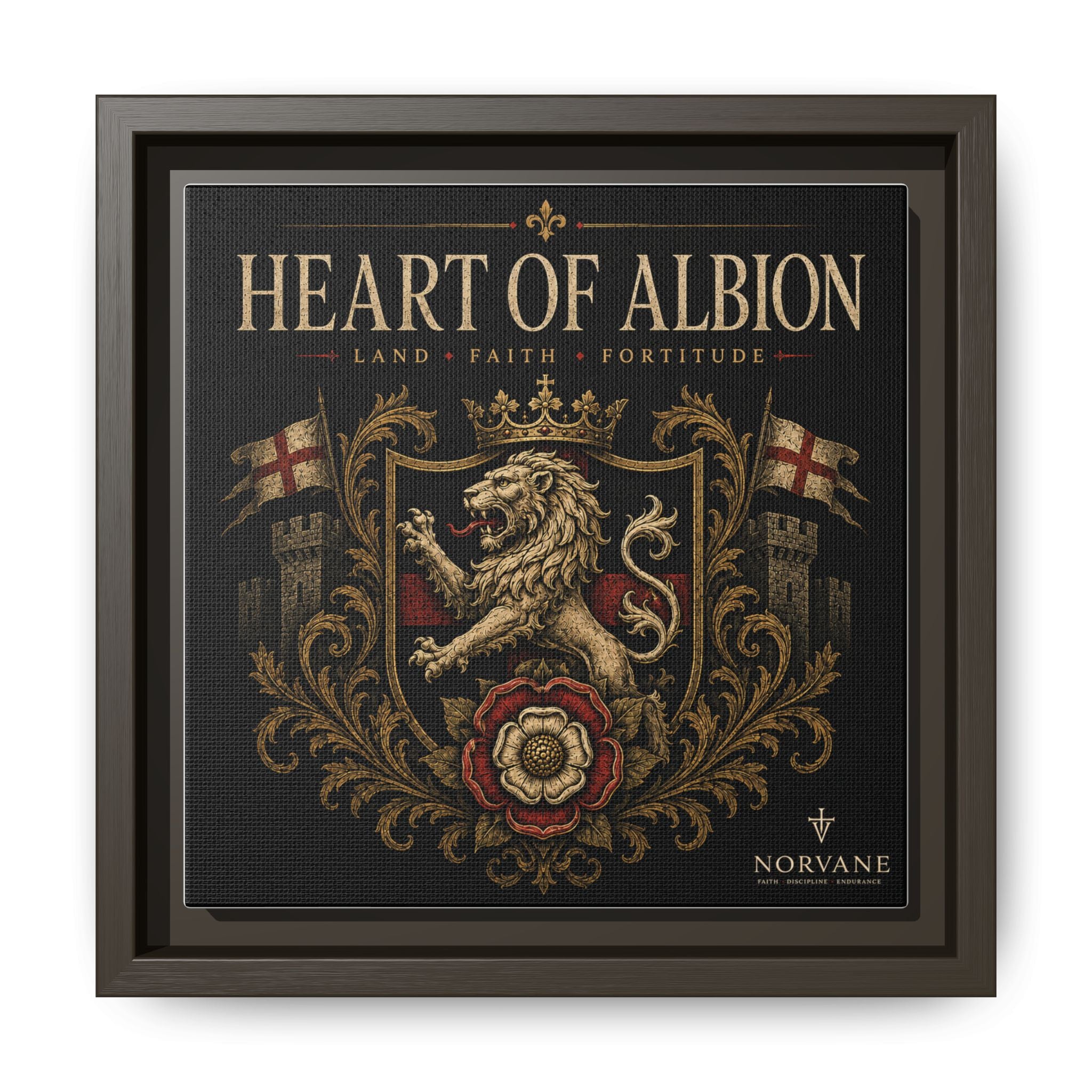 Norvane Heart of Albion Framed Canvas – Vintage English Lion Crest in Espresso – view 7