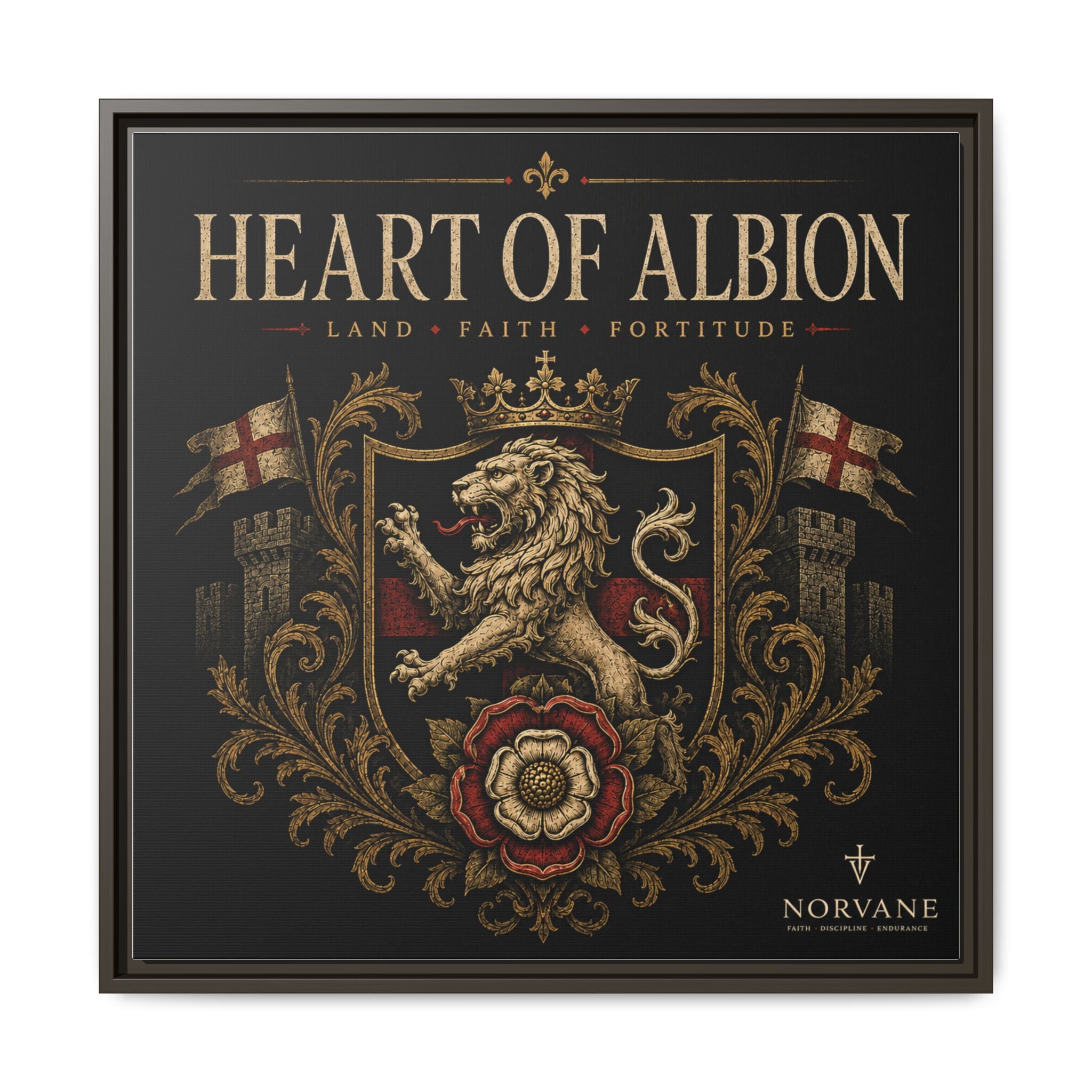 Norvane Heart of Albion Framed Canvas – Vintage English Lion Crest in Espresso