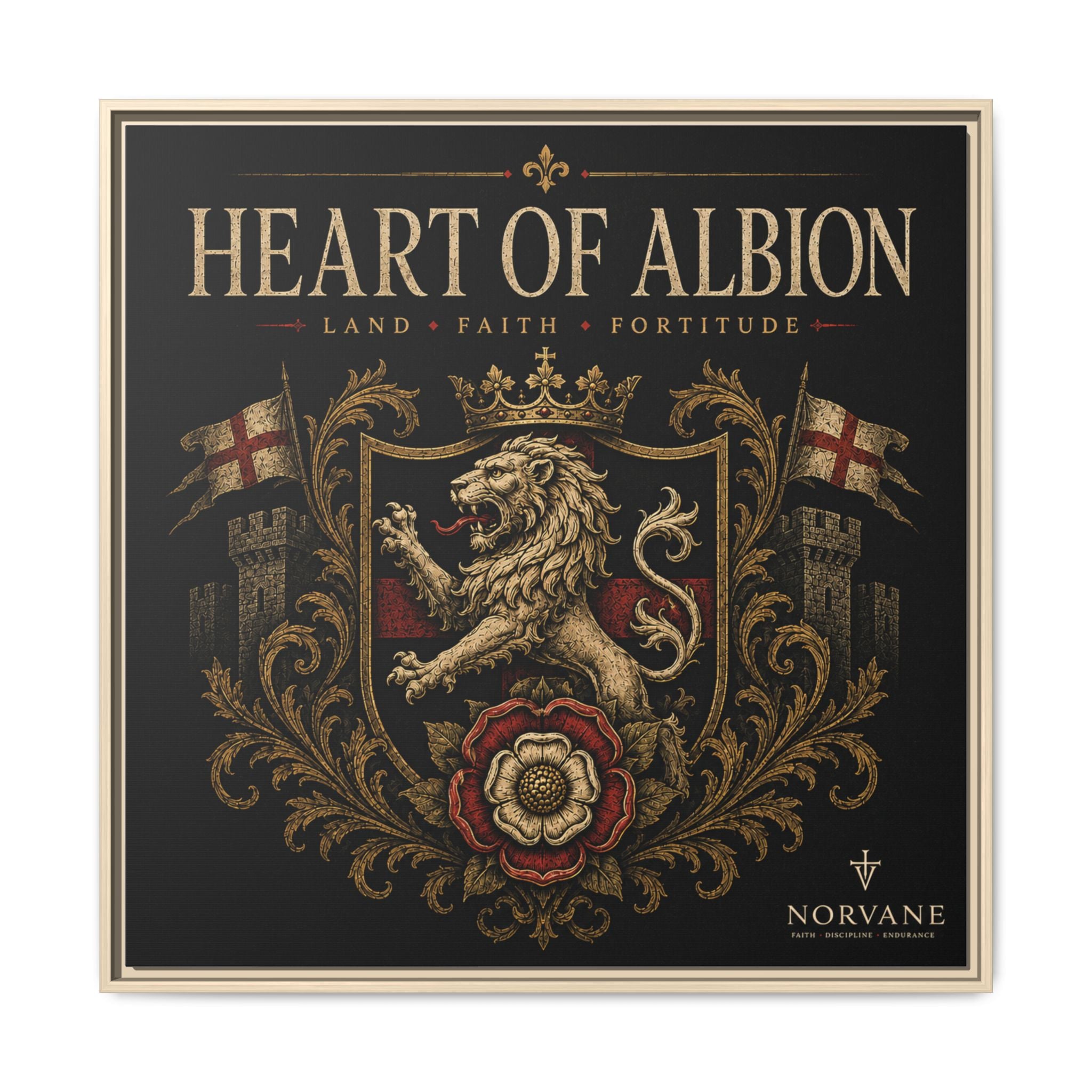 Norvane Heart of Albion Framed Canvas – Vintage English Lion Crest in Natural – view 10