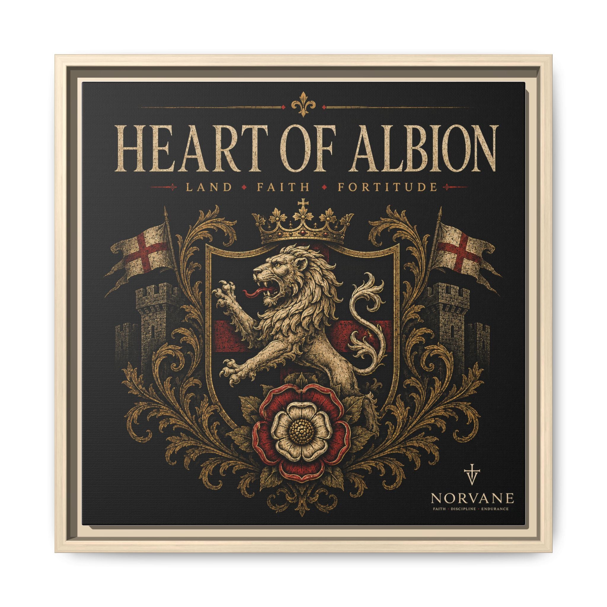 Norvane Heart of Albion Framed Canvas – Vintage English Lion Crest in Natural – view 13