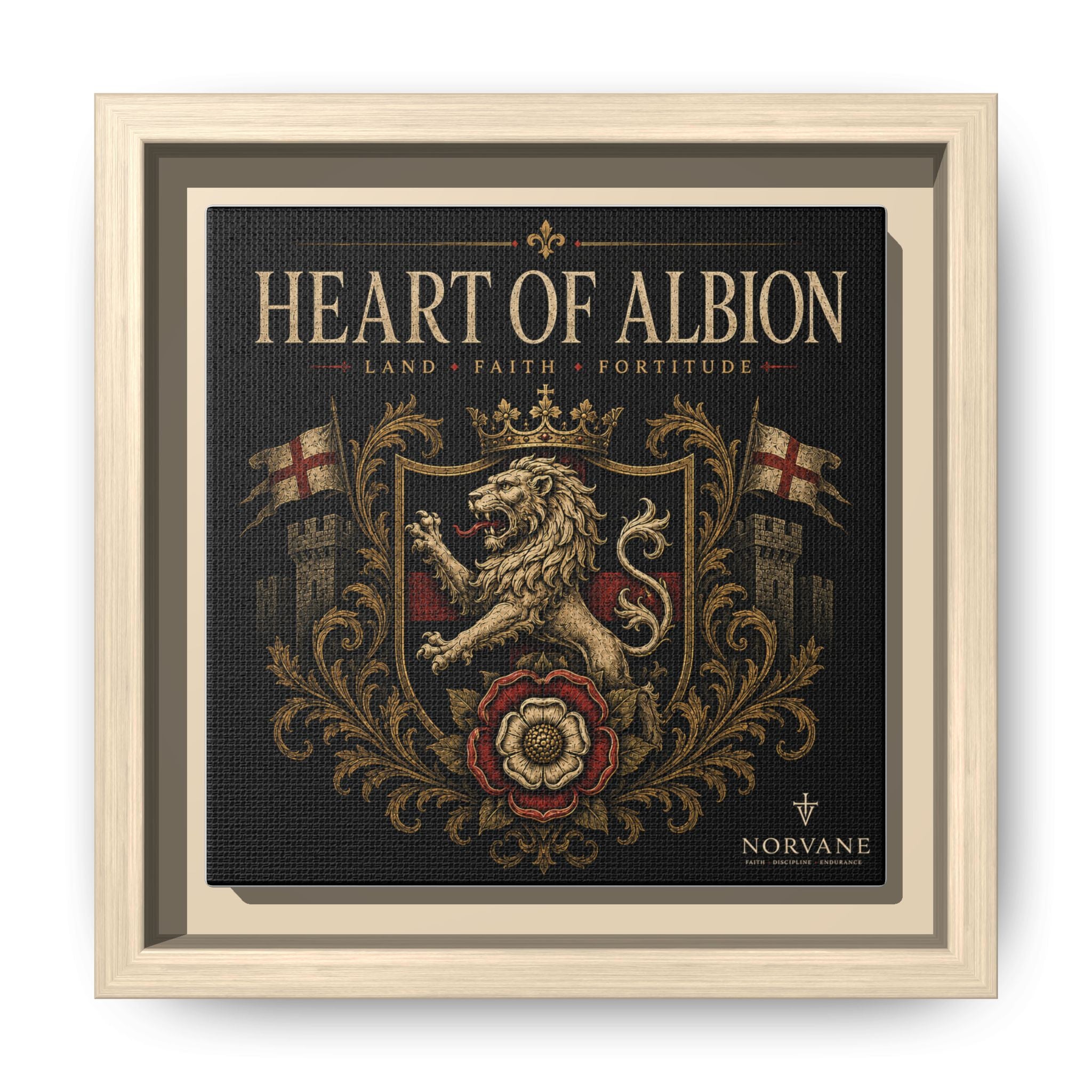 Norvane Heart of Albion Framed Canvas – Vintage English Lion Crest in Natural – view 20