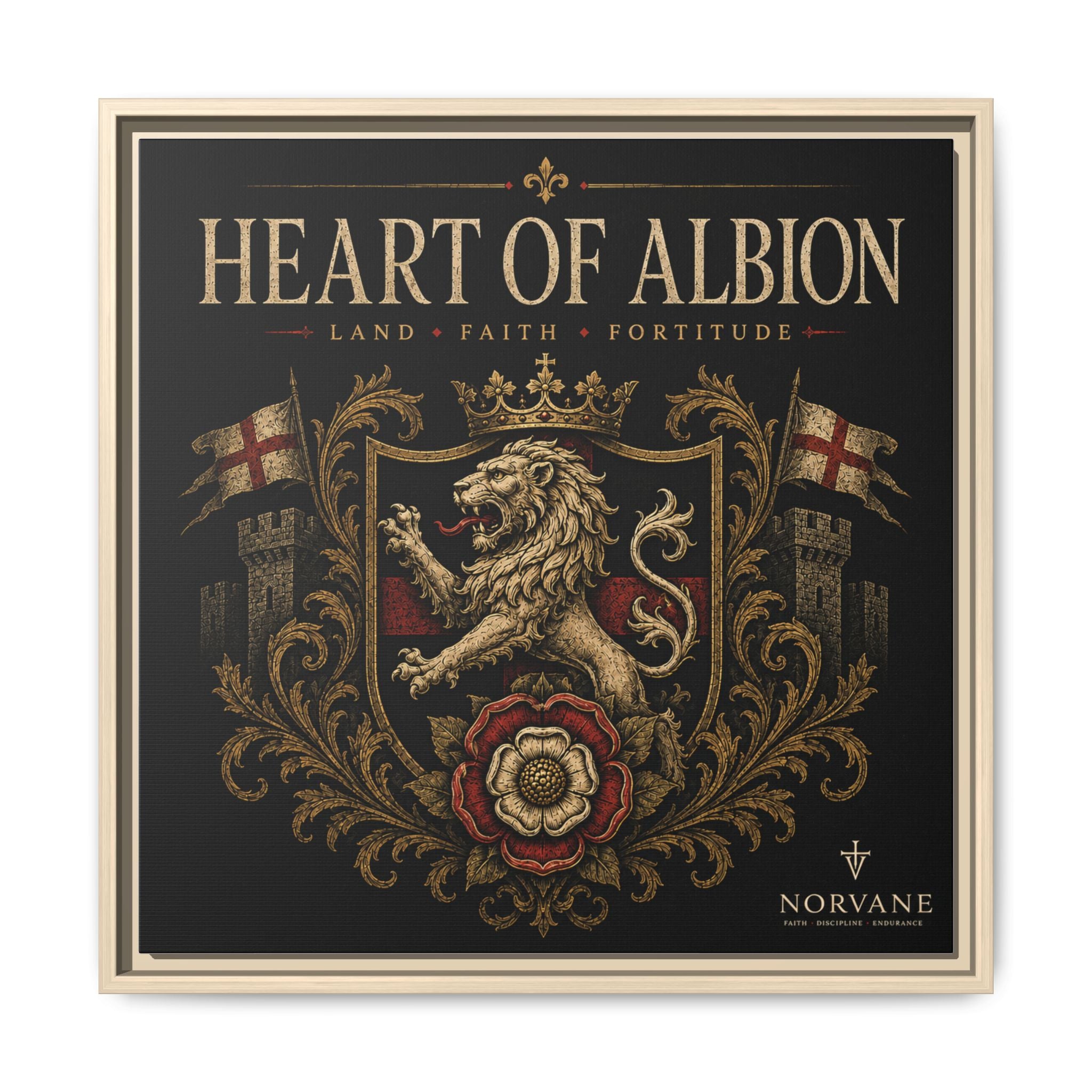 Norvane Heart of Albion Framed Canvas – Vintage English Lion Crest in Natural – view 23