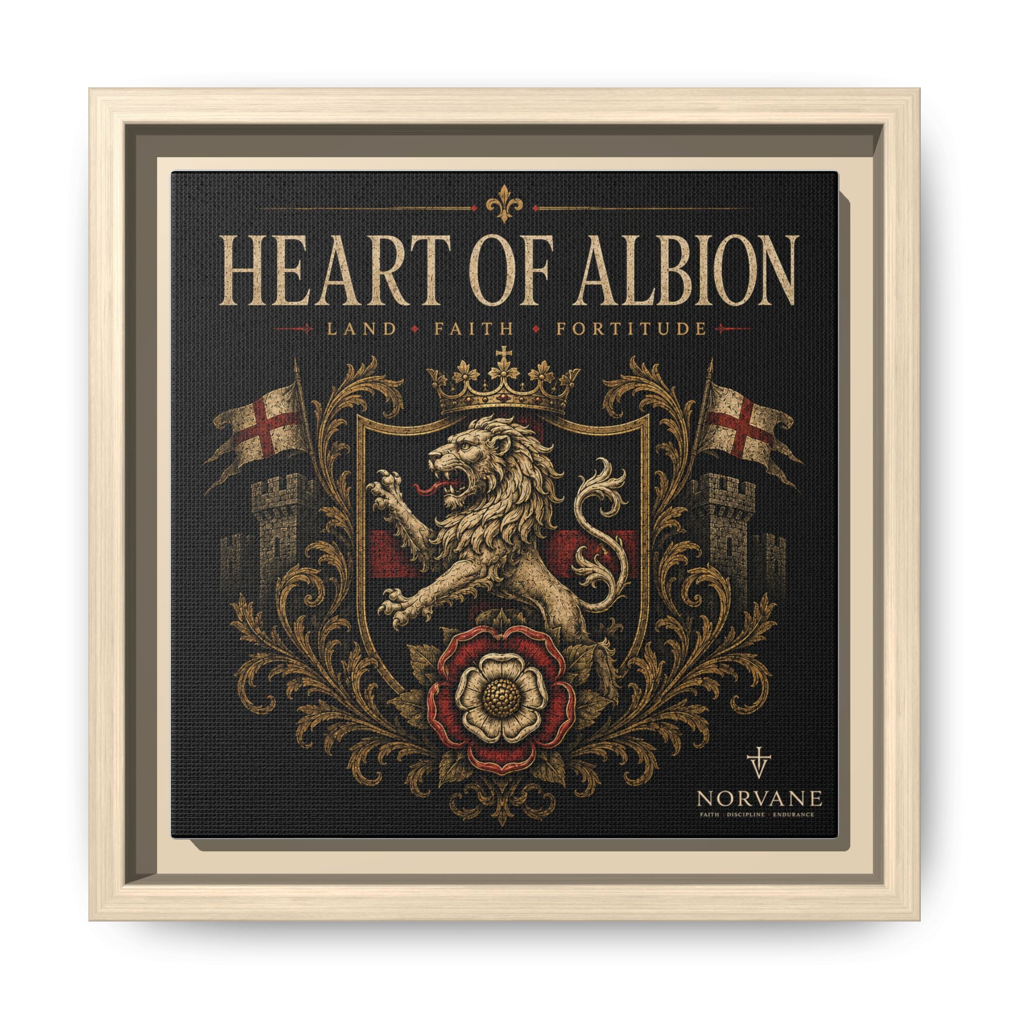 Norvane Heart of Albion Framed Canvas – Vintage English Lion Crest in Natural – view 8