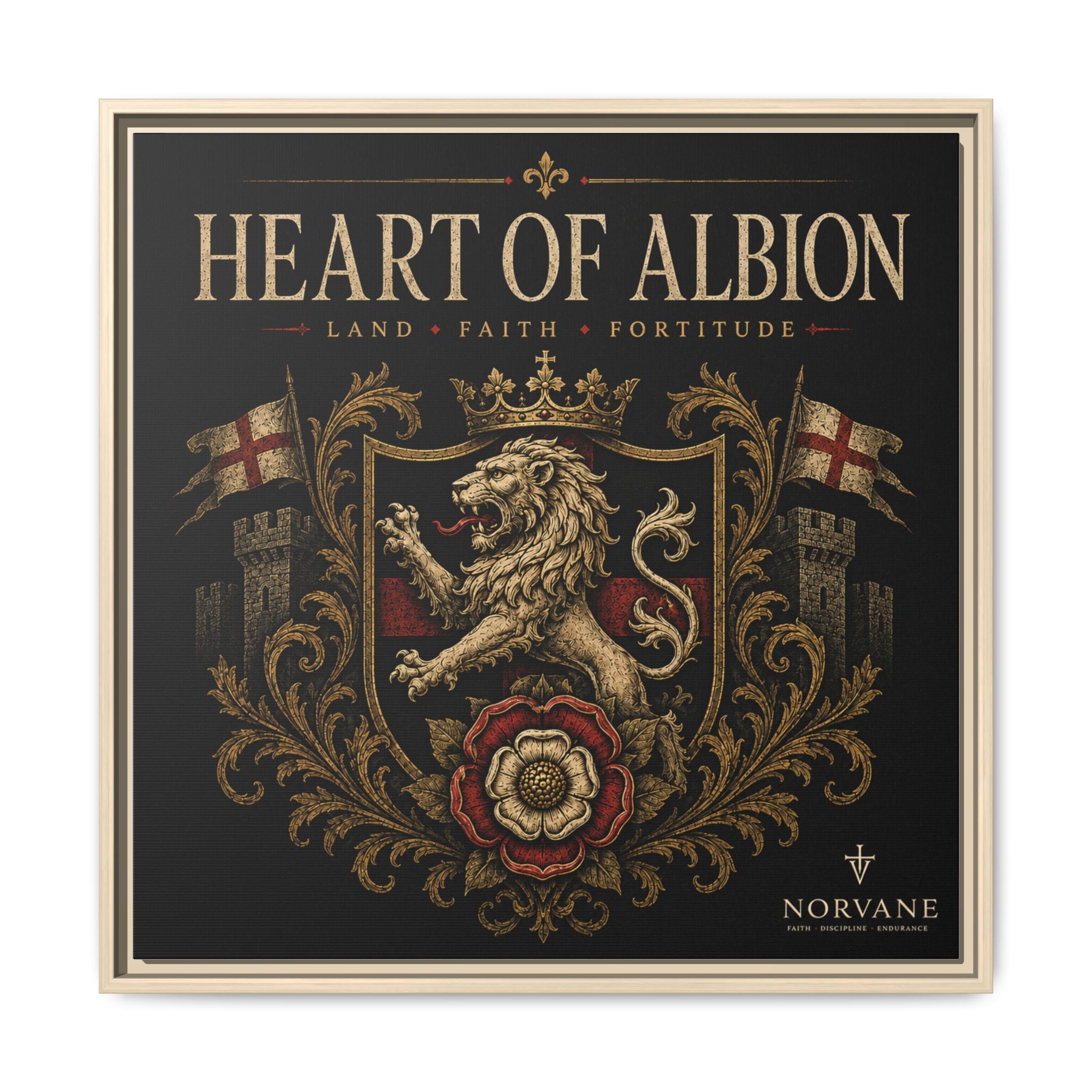 Norvane Heart of Albion Framed Canvas – Vintage English Lion Crest in Natural