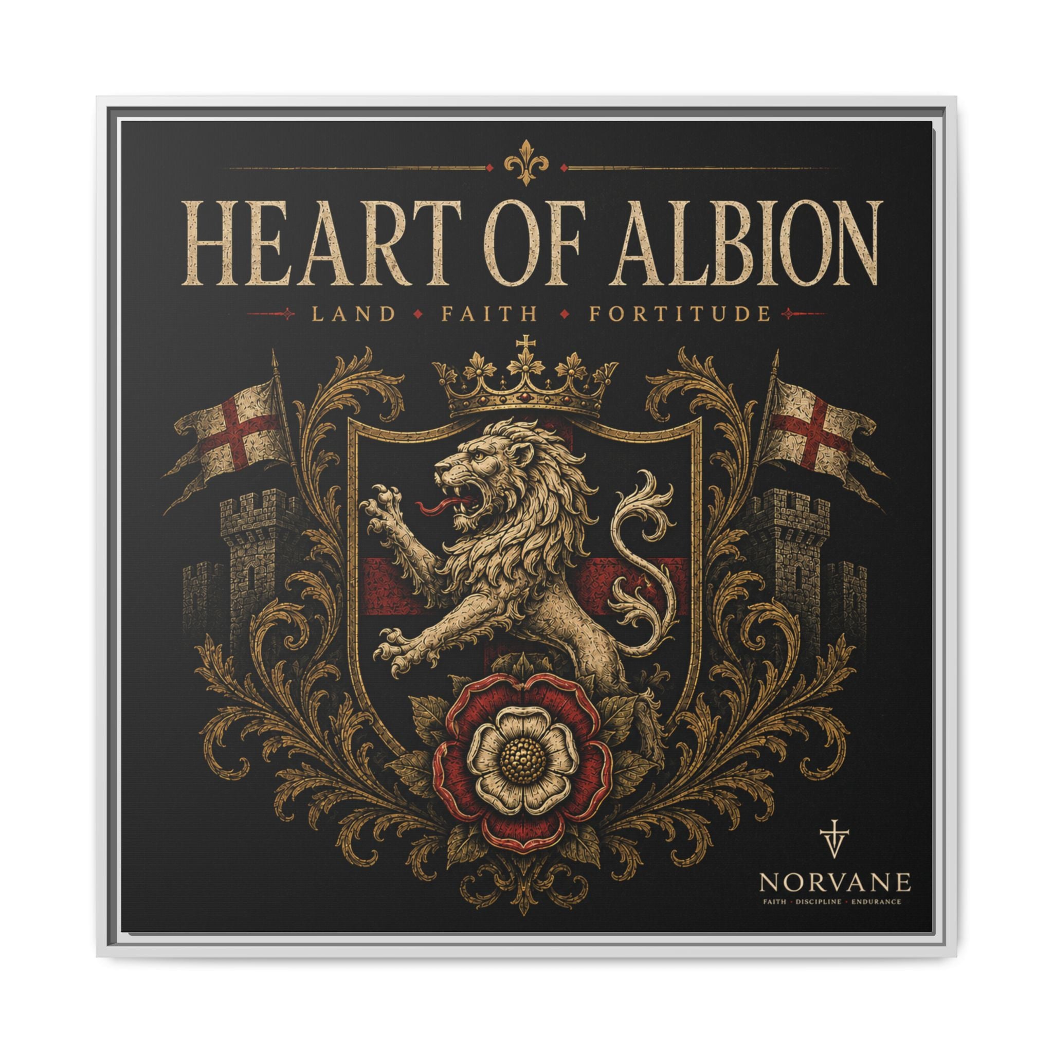 Norvane Heart of Albion Framed Canvas – Vintage English Lion Crest in White – view 12