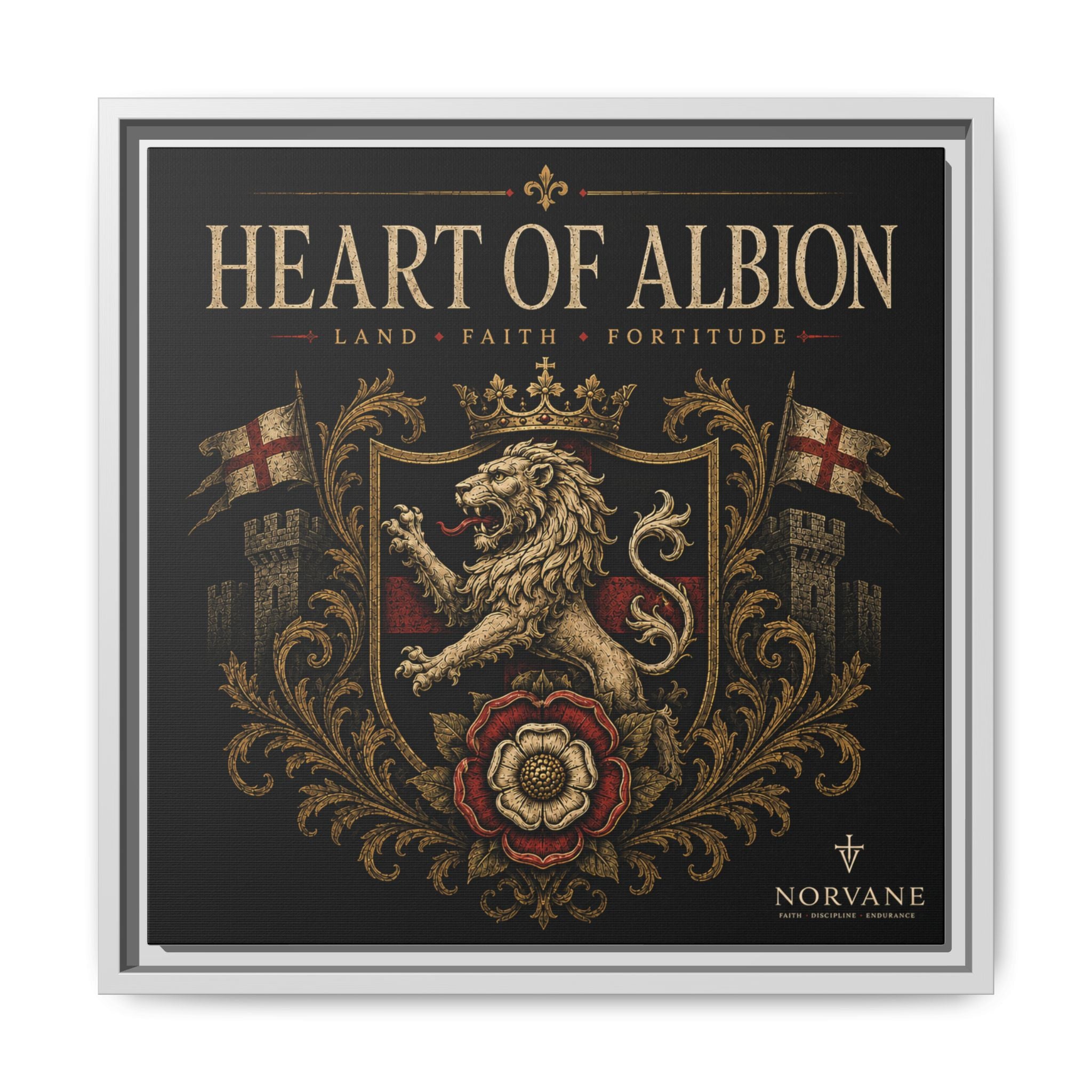 Norvane Heart of Albion Framed Canvas – Vintage English Lion Crest in White – view 15