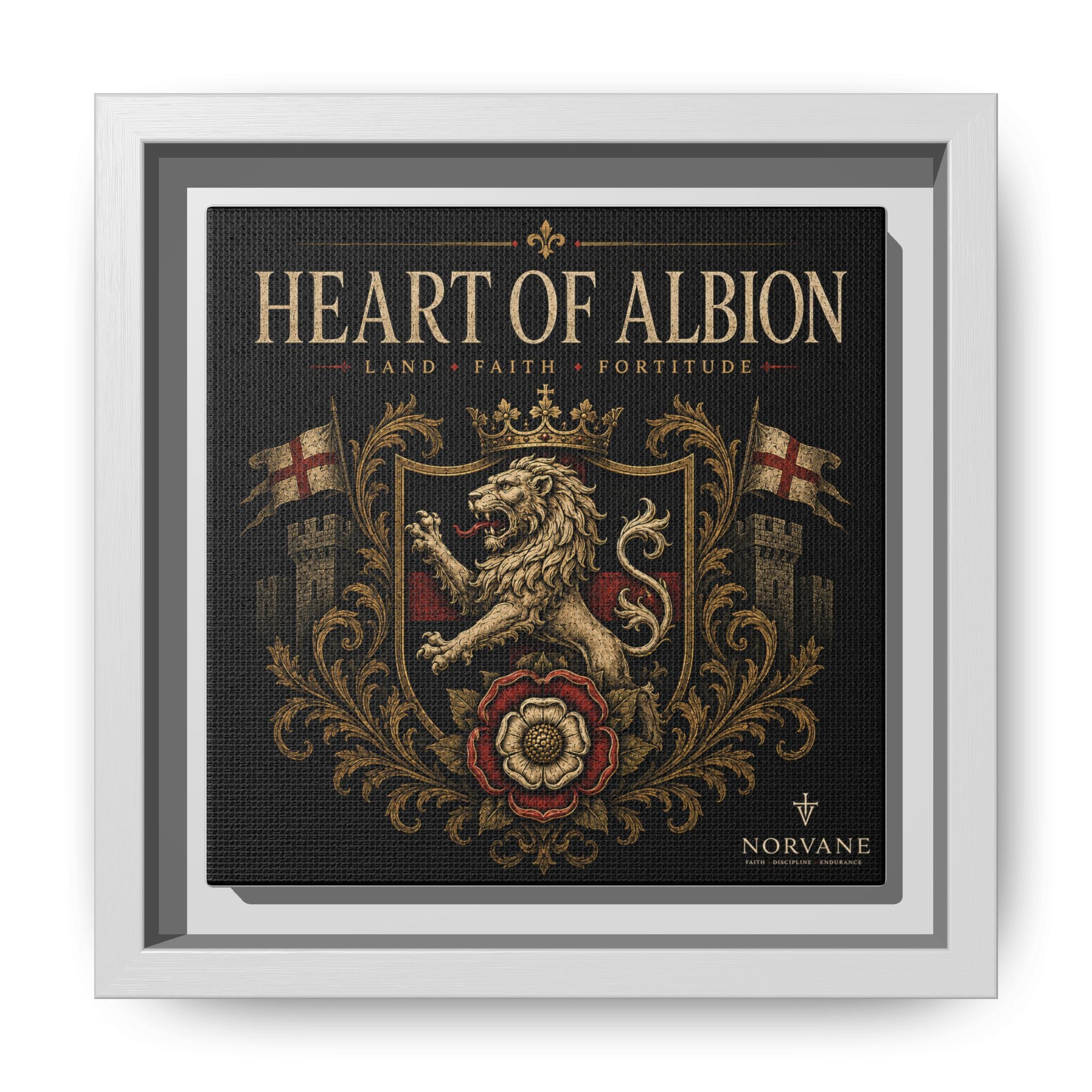 Norvane Heart of Albion Framed Canvas – Vintage English Lion Crest in White – view 17