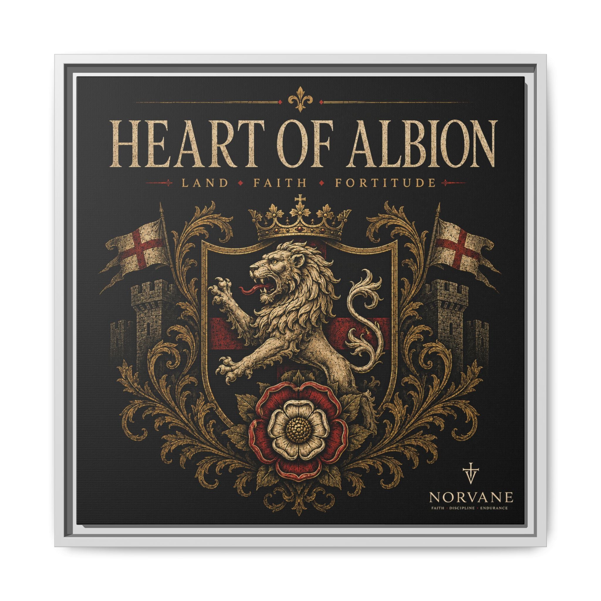 Norvane Heart of Albion Framed Canvas – Vintage English Lion Crest in White – view 24
