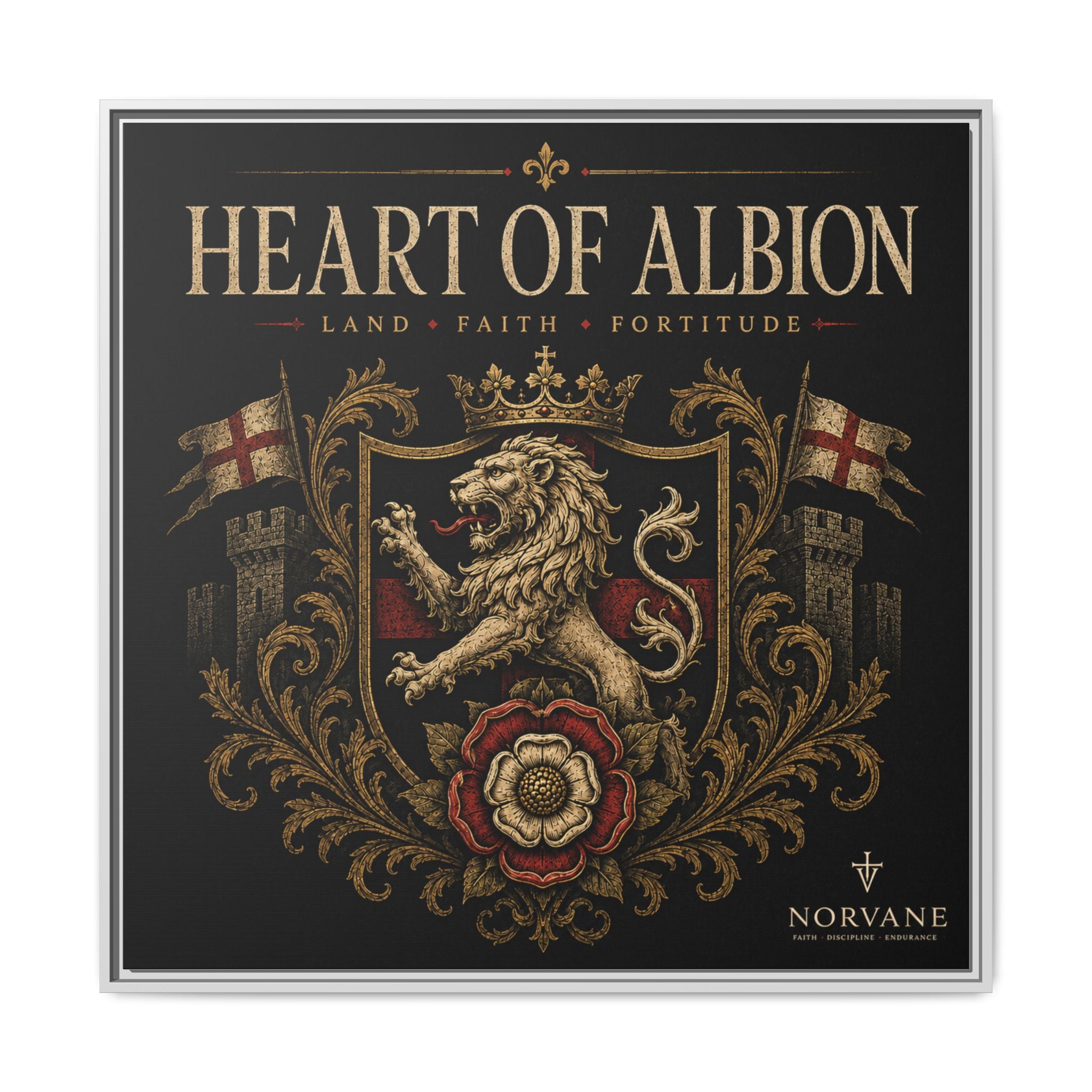 Norvane Heart of Albion Framed Canvas – Vintage English Lion Crest in White – view 25