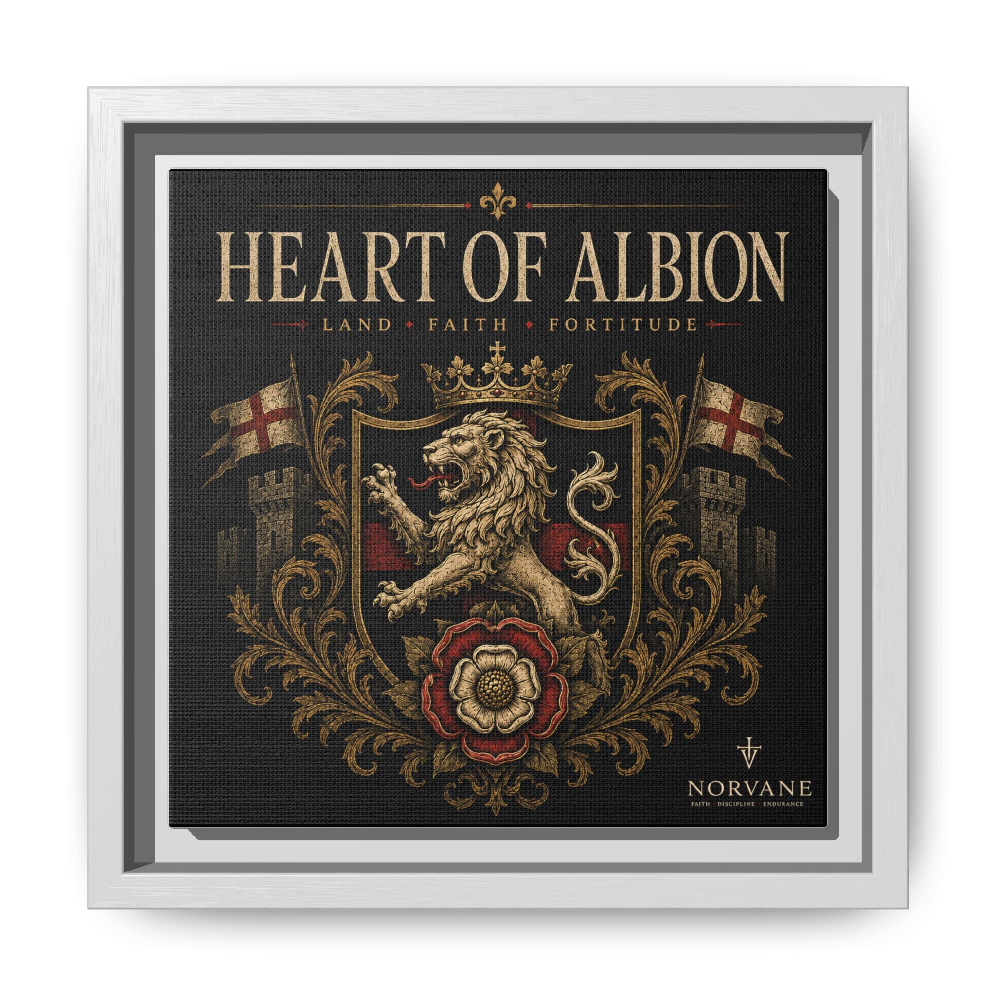 Norvane Heart of Albion Framed Canvas – Vintage English Lion Crest in White – view 5