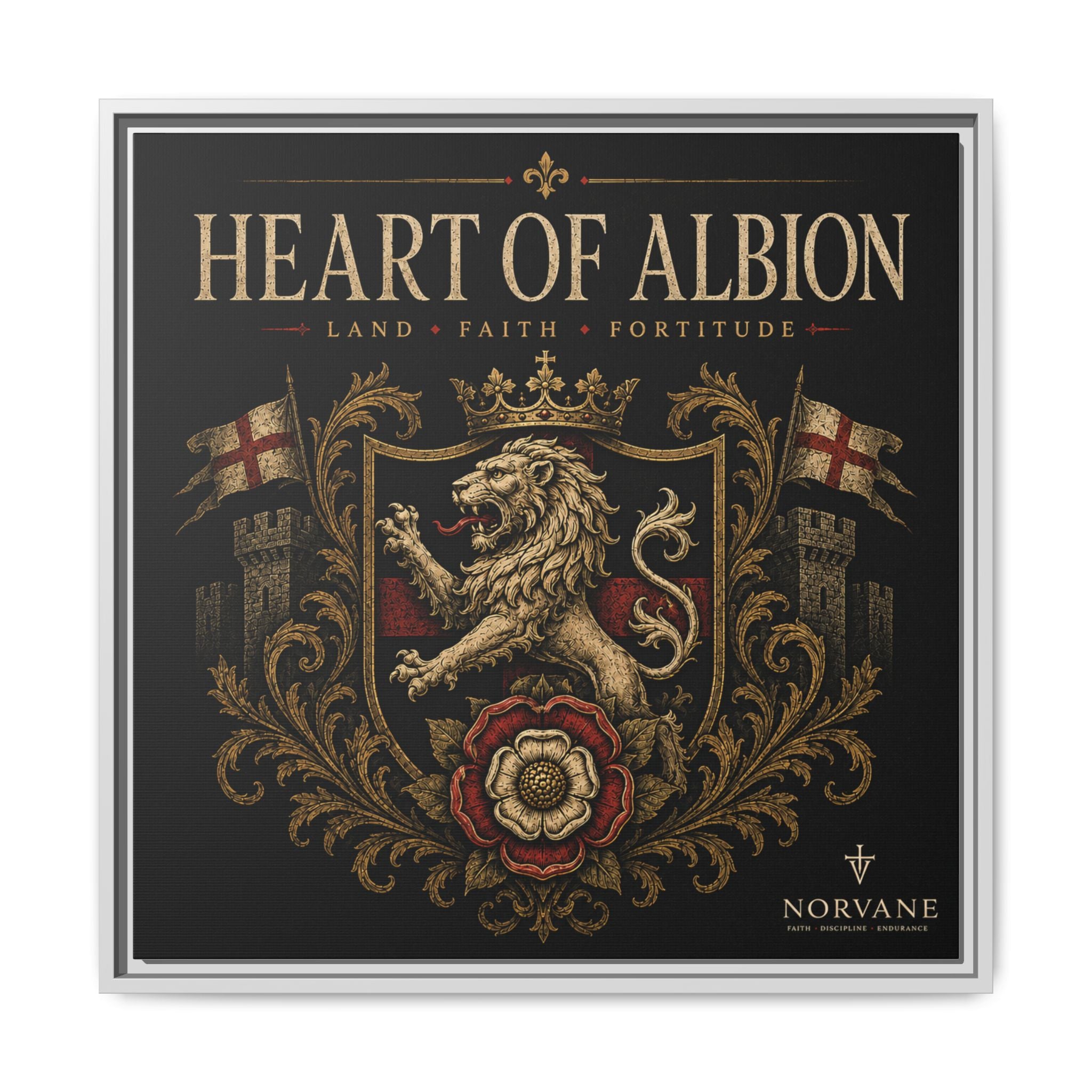 Norvane Heart of Albion Framed Canvas – Vintage English Lion Crest in White