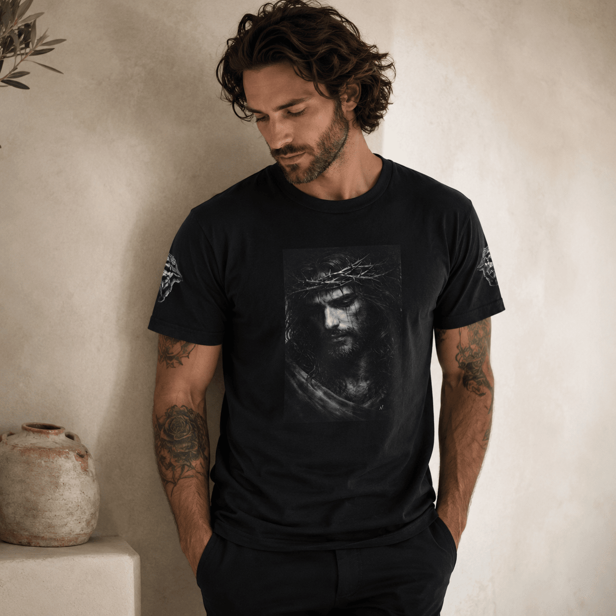 Norvane Jesus Portrait T-Shirt – Crown of Thorns Graphic Tee in Black