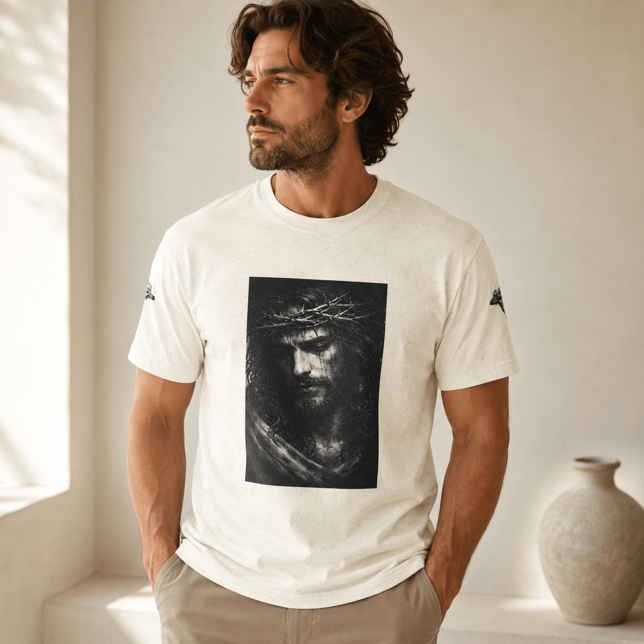 Norvane Jesus Portrait T-Shirt – Crown of Thorns Graphic Tee in Natural