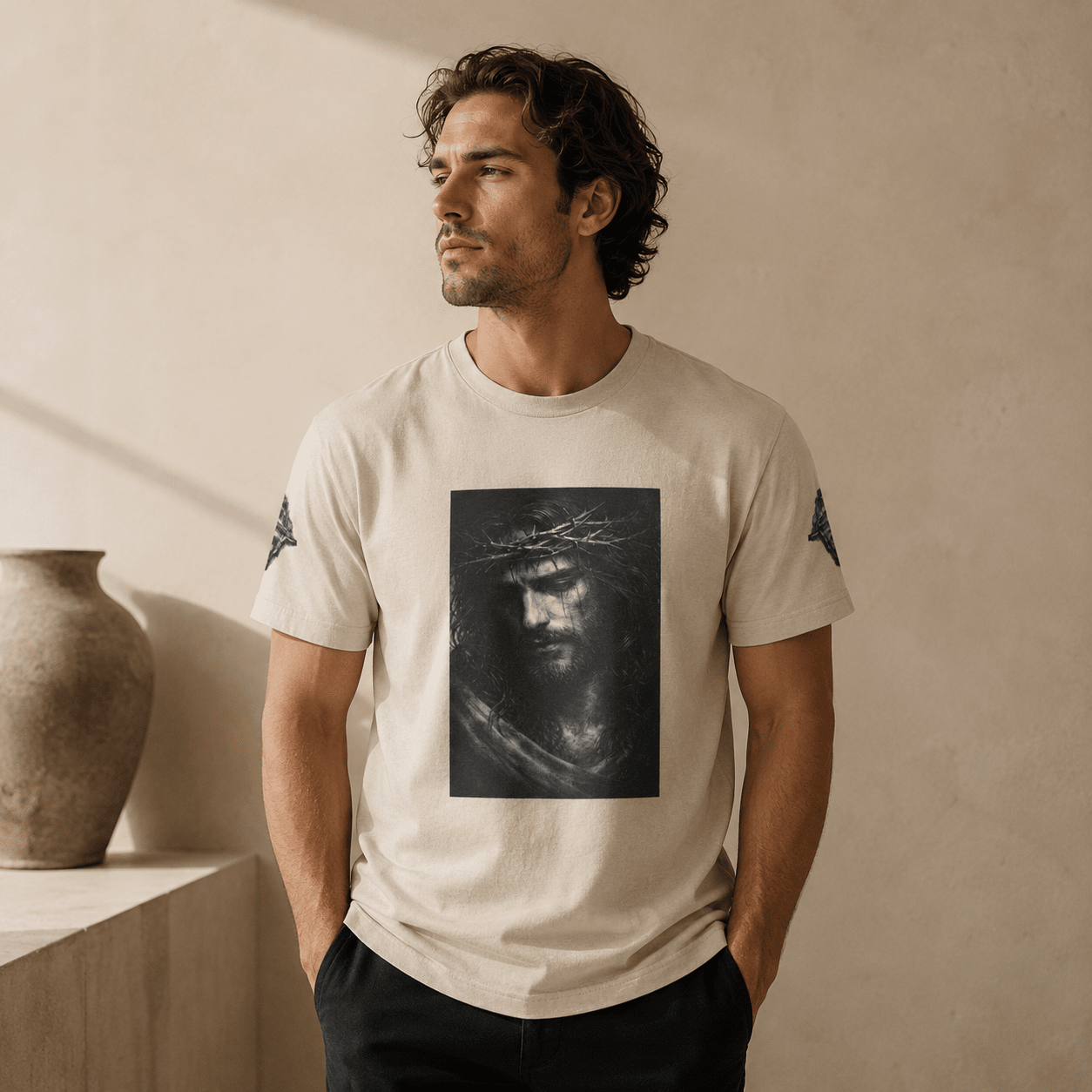 Norvane Jesus Portrait T-Shirt – Crown of Thorns Graphic Tee in Sand