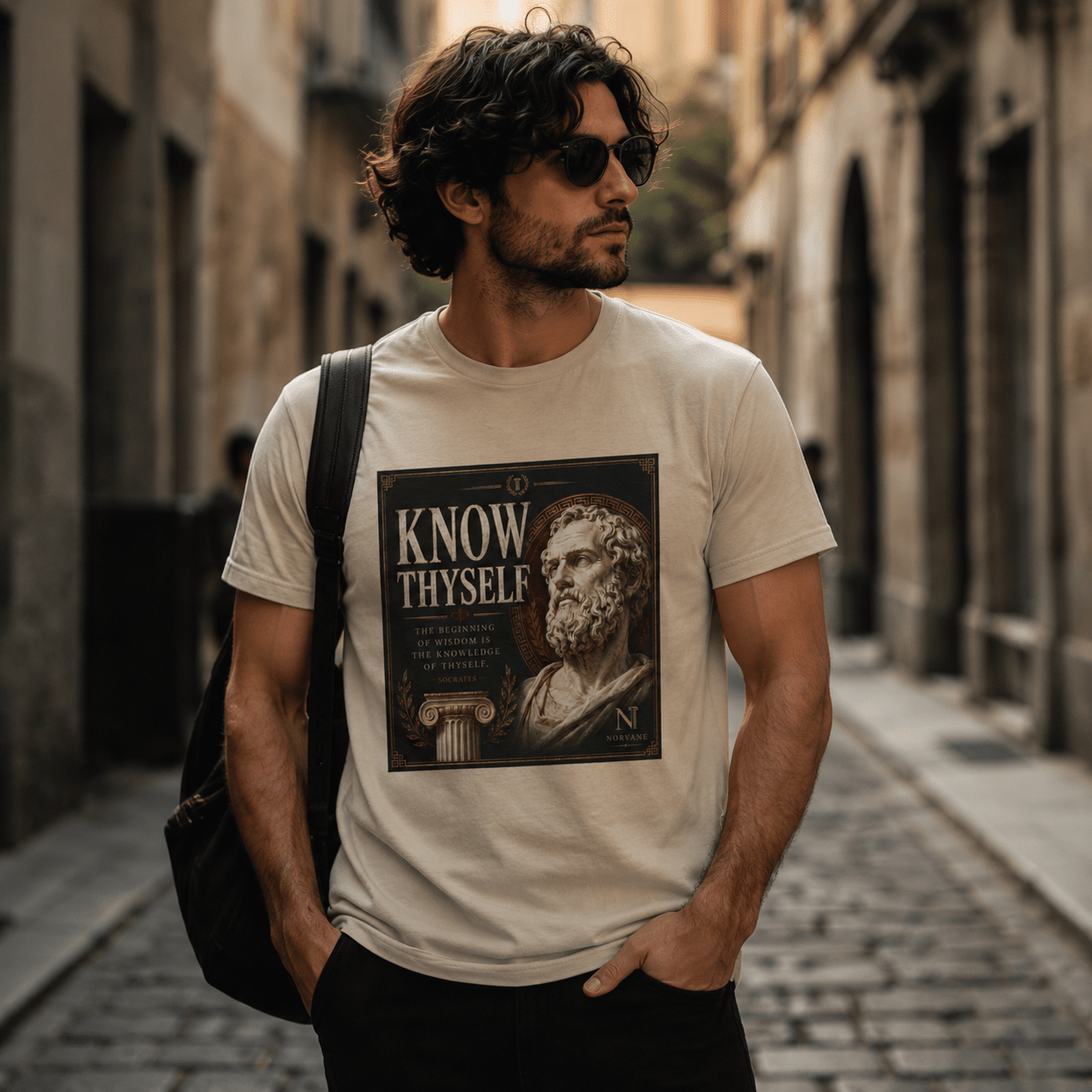 Norvane Know Thyself T-Shirt – Stoic Philosophy Graphic Tee in Sand